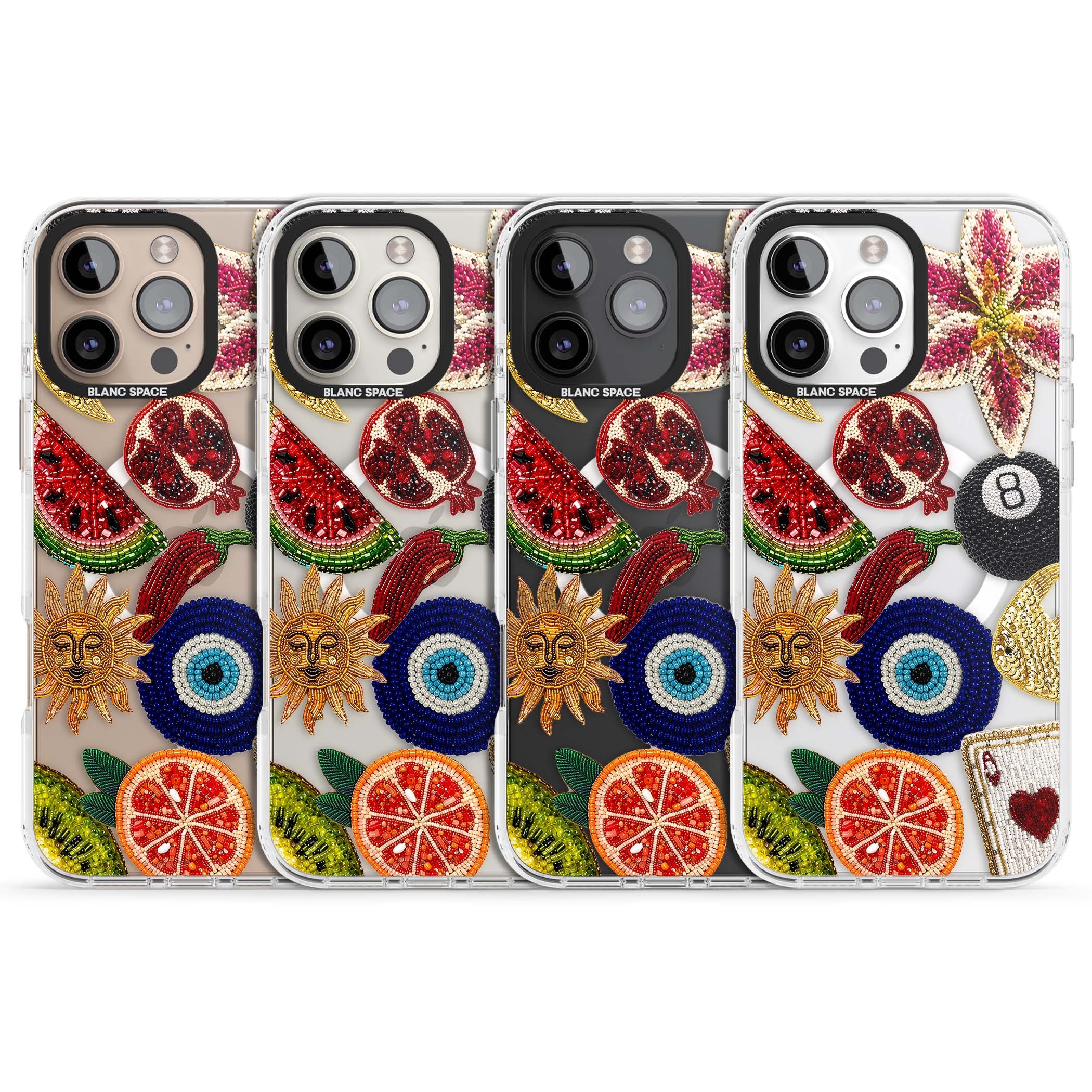 Beaded Charms embroidery iPhone case featuring beaded evil eye, fruit patches and a golden sun motif | Impact Magsafe case for iPhone 16 Pro, iPhone 16 Pro Max