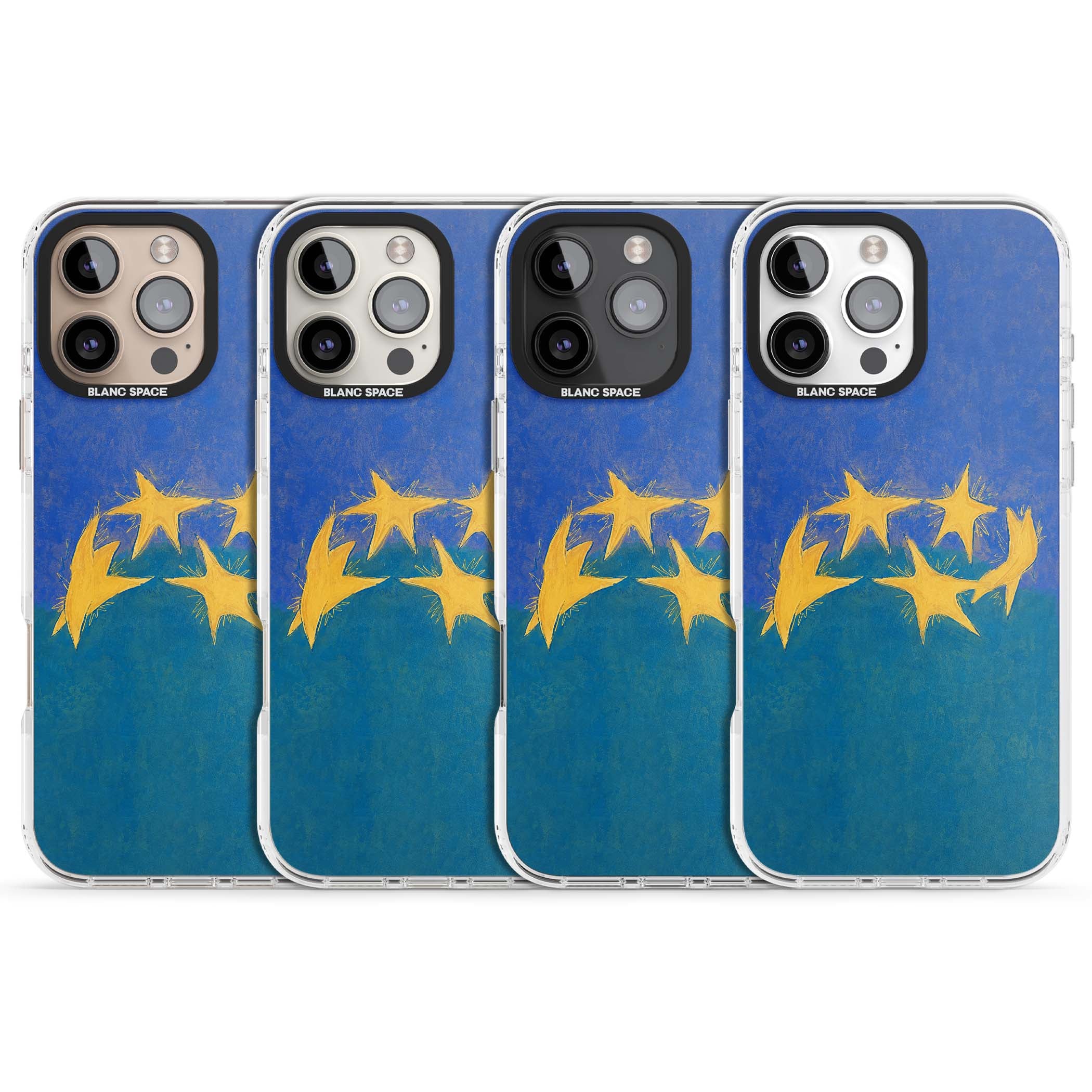 Star Boogie stars aesthetic iPhone case featuring five yellow hand-painted stars on cobalt blue and teal | Impact Magsafe case for iPhone 16 Pro, iPhone 16 Pro Max