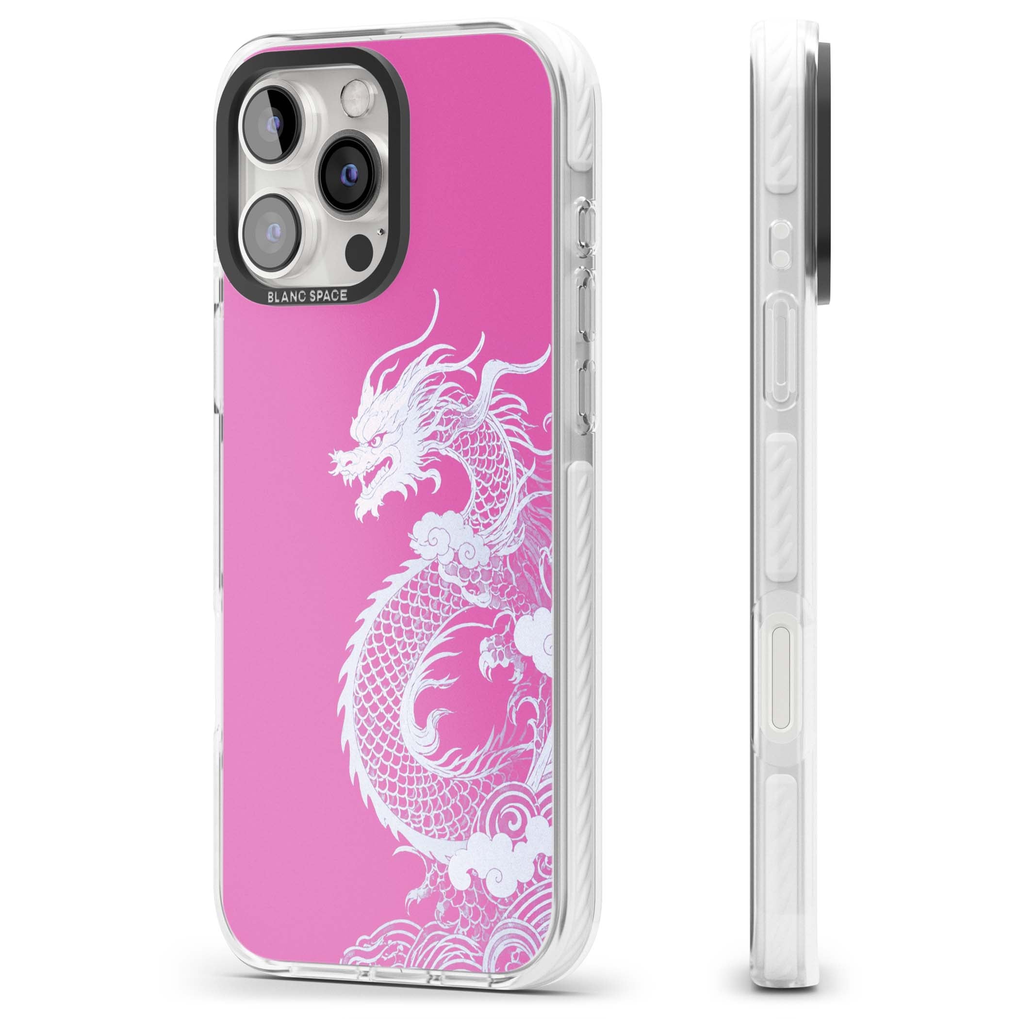 Pink Empress chinese dragon iPhone case featuring a white dragon, swirling clouds and pink dragon wallpaper backdrop | Impact Magsafe case for iPhone 16 Pro, iPhone 16 Pro Max