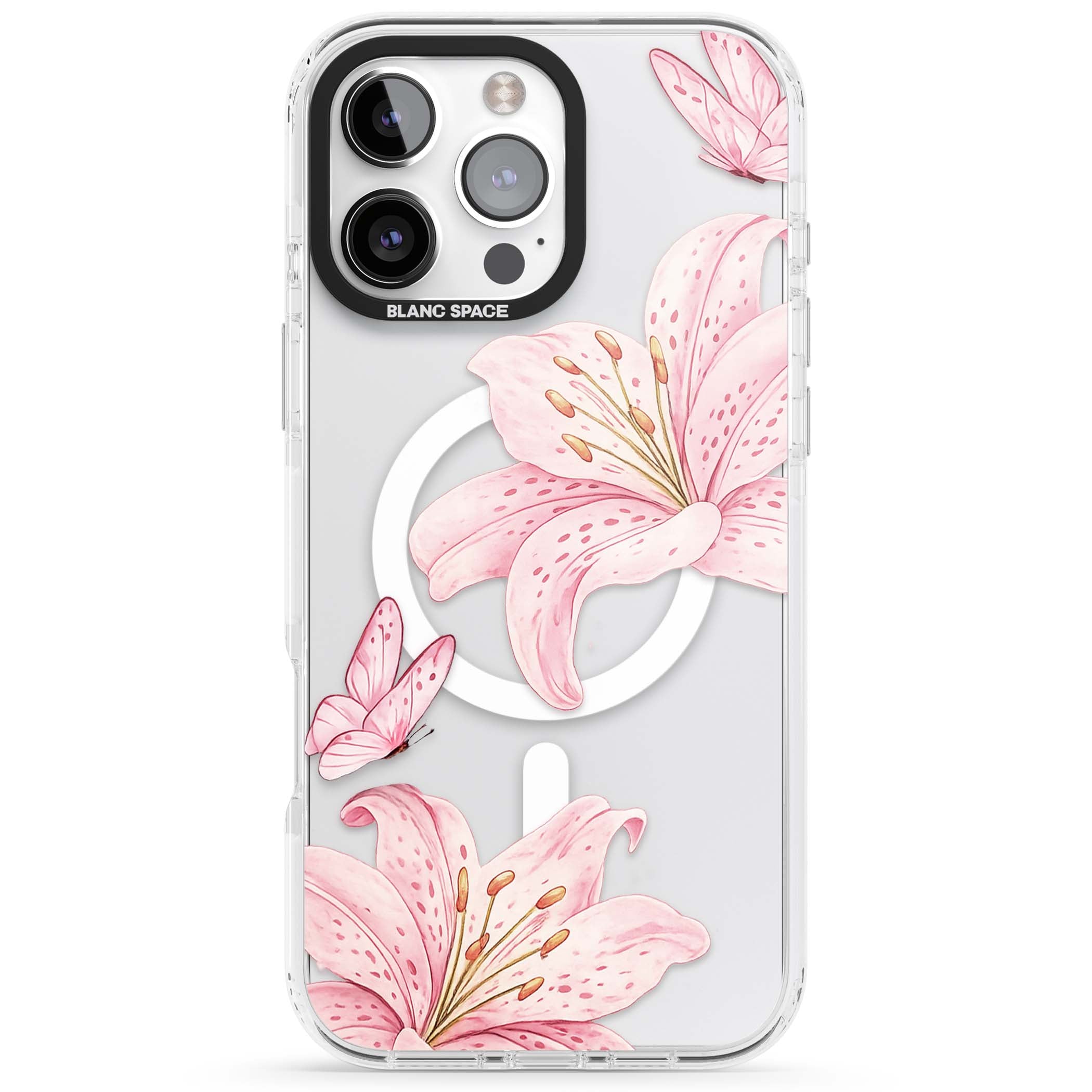 Lily Whisper floral iPhone case featuring pink watercolour lilies and delicate butterflies on a clear background | Impact Magsafe case for iPhone 16 Pro, iPhone 16 Pro Max
