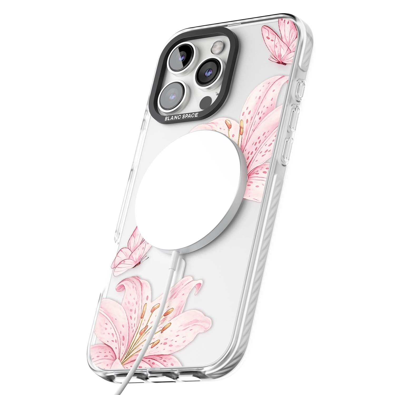 Lily Whisper floral iPhone case featuring pink watercolour lilies and delicate butterflies on a clear background | Impact Magsafe case for iPhone 16 Pro, iPhone 16 Pro Max