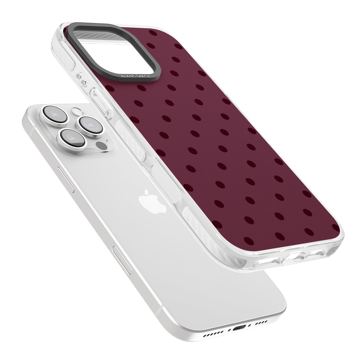 Burgundy Polka Dot minimalist iPhone case featuring black polka dots on a deep burgundy wine red background iPhone 16 Pro / iPhone 16 Pro Max Impact Pro Clear Phone Case angled