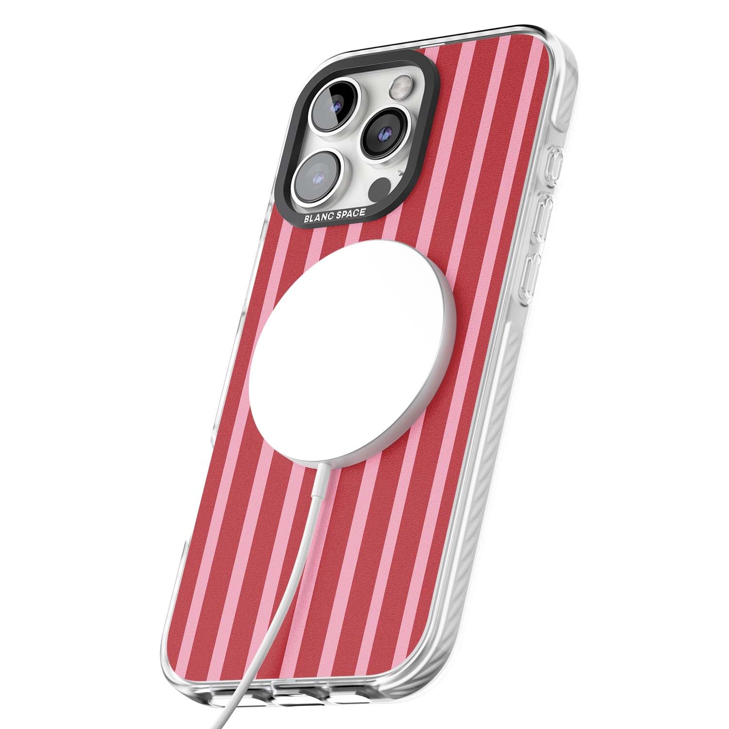 Raspberry Stripe coquette iPhone case featuring red and pink vertical stripes in a candy-inspired pattern | Impact Magsafe case for iPhone 16 Pro, iPhone 16 Pro Max