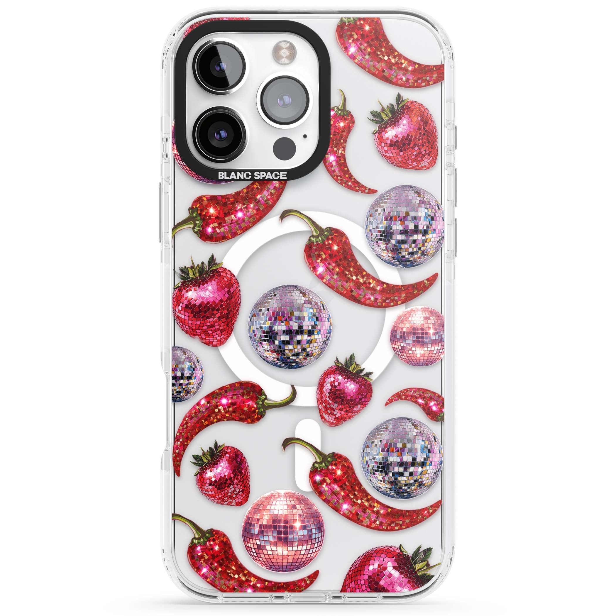 Spicy Disco Y2K iPhone case featuring glitter disco balls, sparkly strawberries and red chilli peppers | Impact Magsafe case for iPhone 16 Pro, iPhone 16 Pro Max