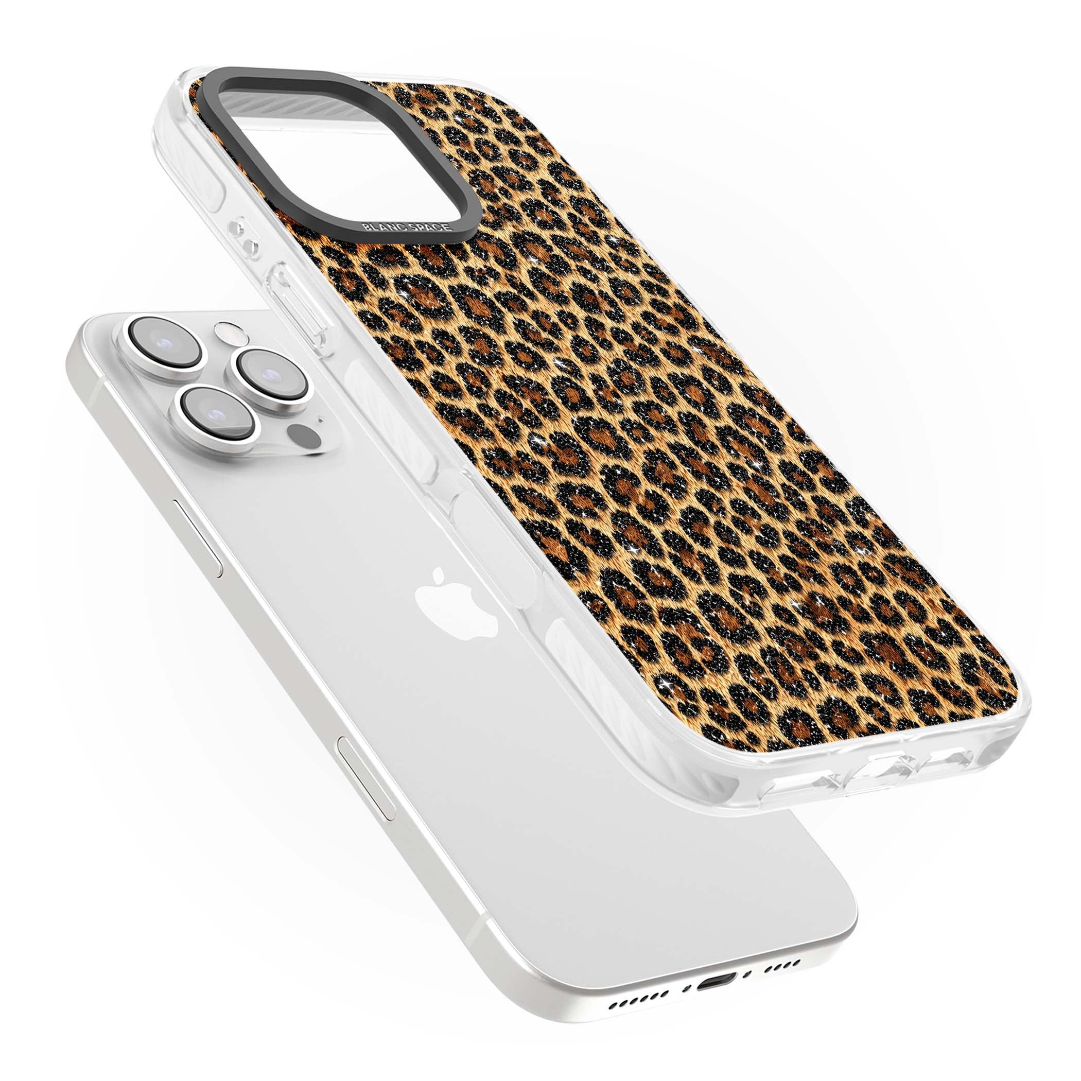 Diamond Leopard leopard print iPhone case featuring golden tan fur, black rosette spots and subtle glitter sparkle | Impact Magsafe case for iPhone 16 Pro, iPhone 16 Pro Max
