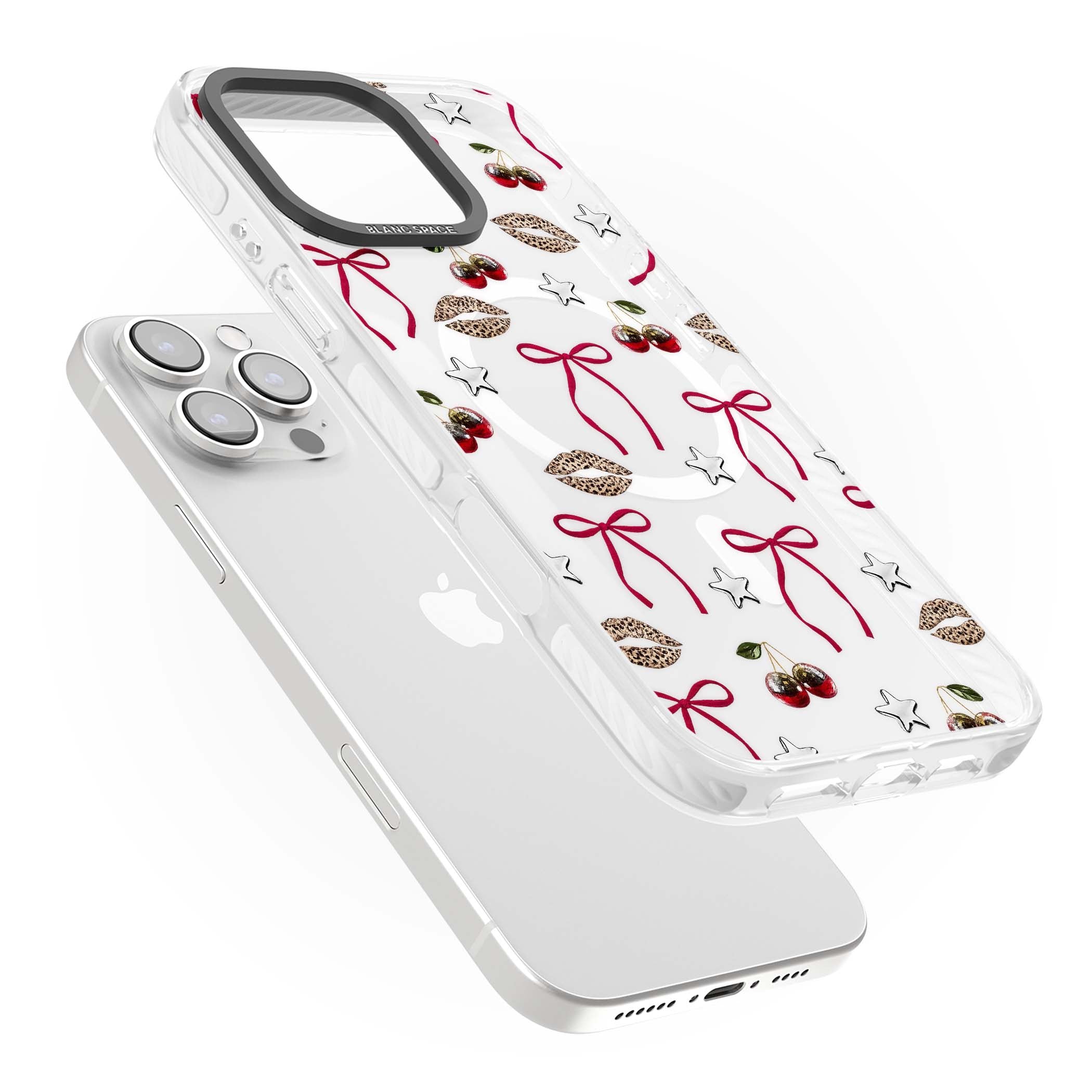 Starlet coquette iPhone case featuring red ribbon bows, disco cherries and leopard-print lips | Impact Magsafe case for iPhone 16 Pro, iPhone 16 Pro Max