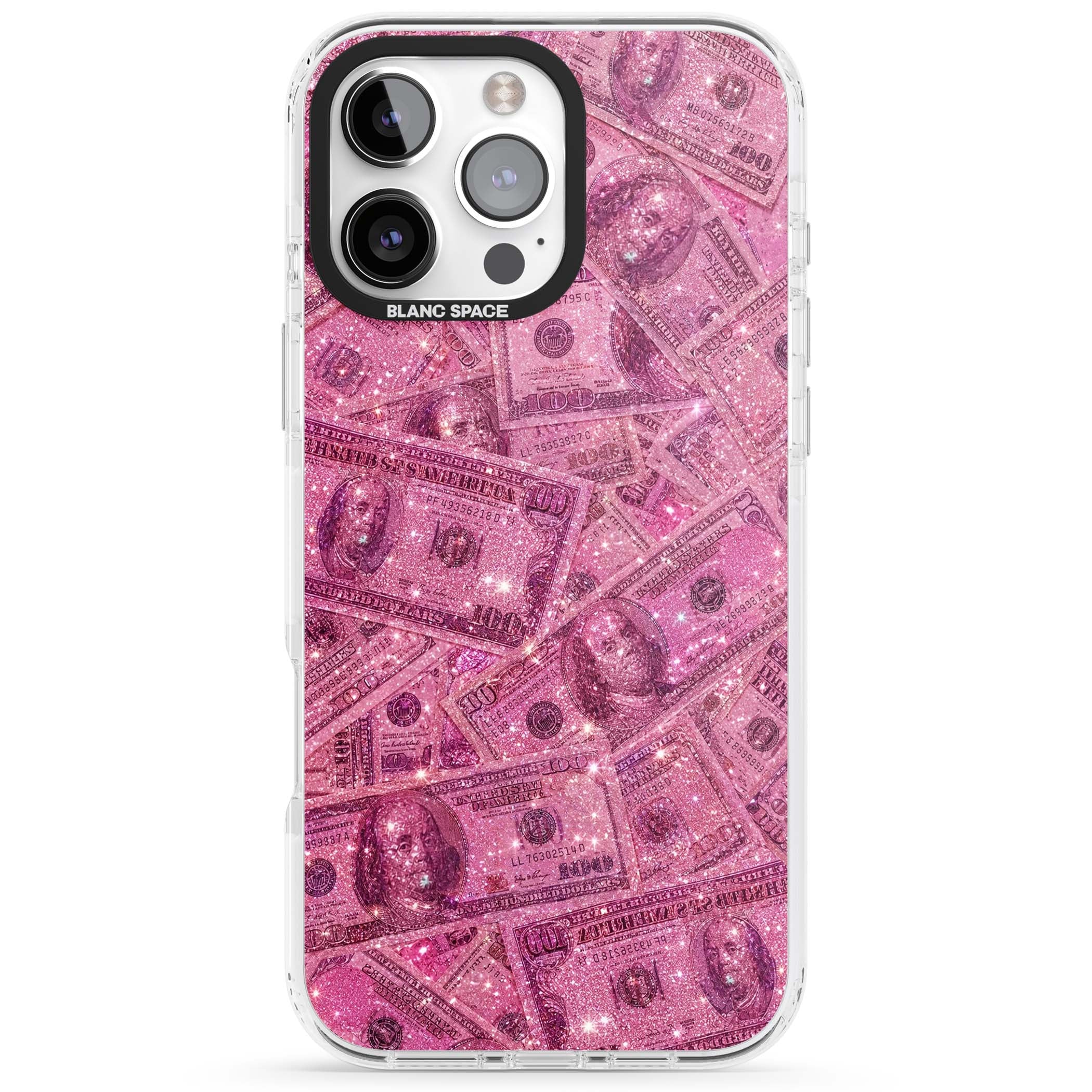 Glamorous baddie iPhone case featuring pink glitter hundred dollar bills and sparkling money wallpaper design | Impact Magsafe case for iPhone 16 Pro, iPhone 16 Pro Max