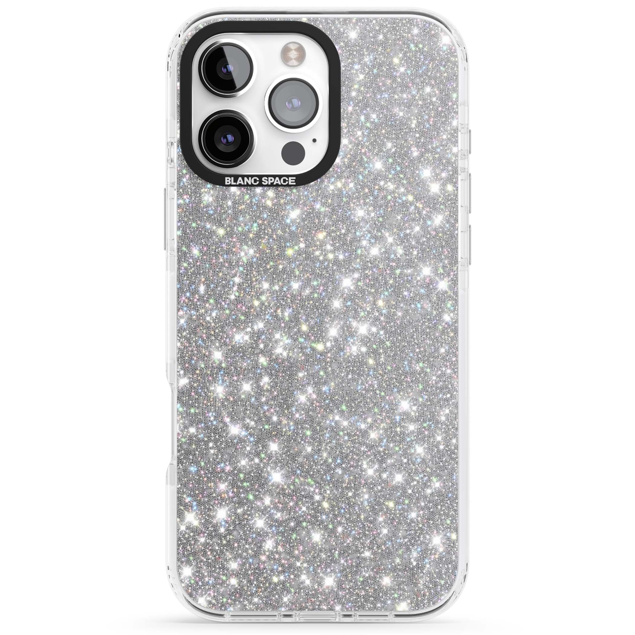 Diamond glam iPhone case featuring silver glitter sparkle and shimmering diamond dust effect | Impact Magsafe case for iPhone 16 Pro, iPhone 16 Pro Max
