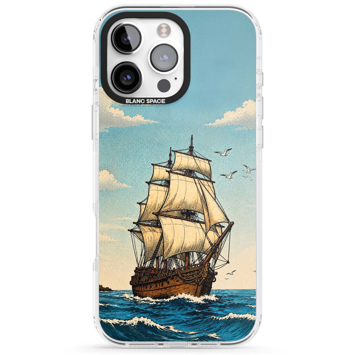 Ship at Sea nautical iPhone case featuring a vintage tall ship, ocean waves and seagulls | Impact Magsafe case for iPhone 16 Pro, iPhone 16 Pro Max