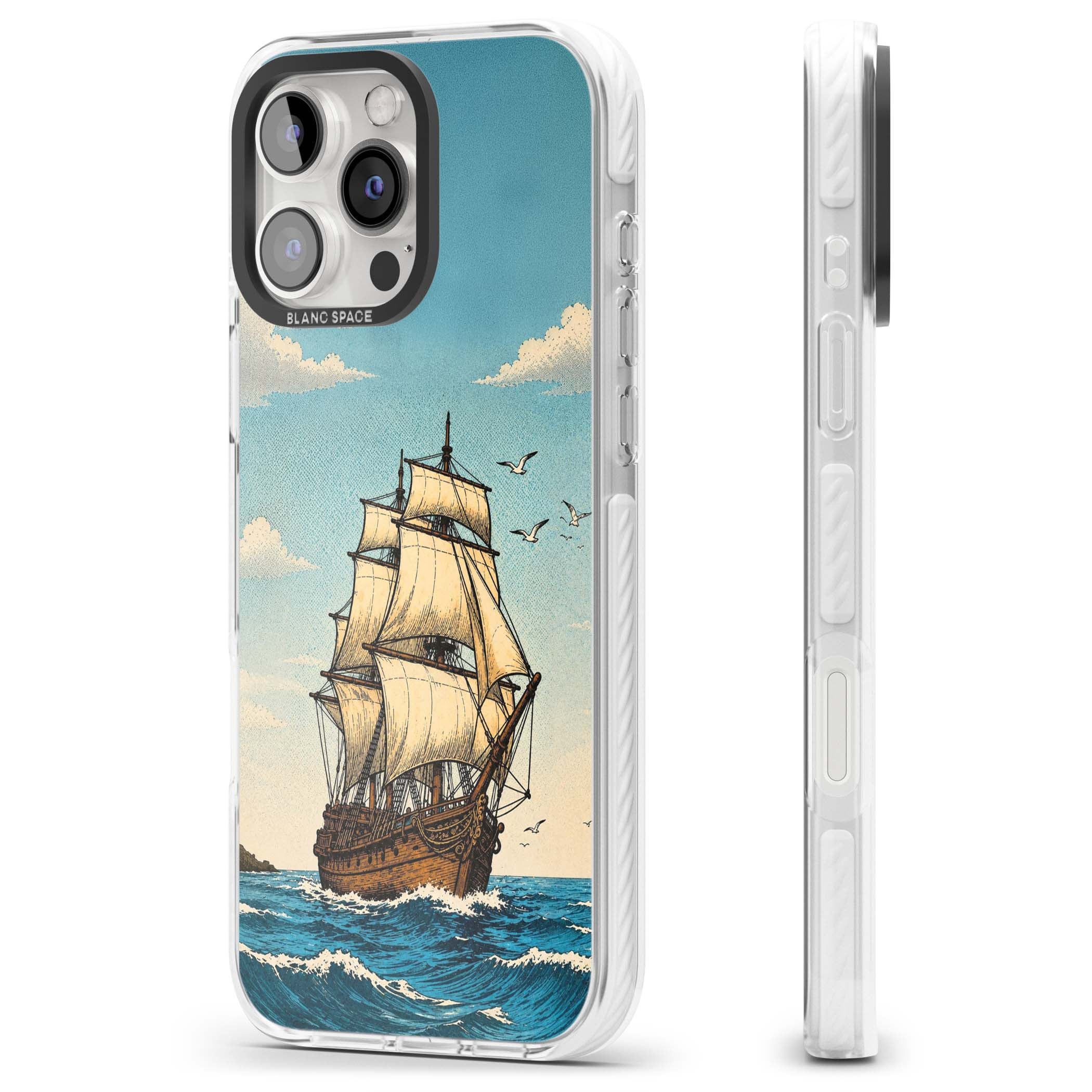 Ship at Sea nautical iPhone case featuring a vintage tall ship, ocean waves and seagulls | Impact Magsafe case for iPhone 16 Pro, iPhone 16 Pro Max