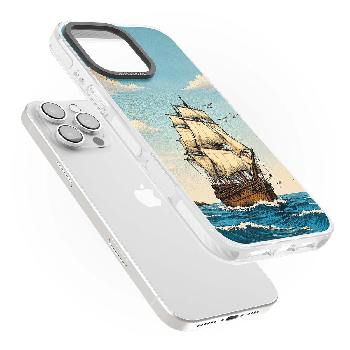 Ship at Sea nautical iPhone case featuring a vintage tall ship, ocean waves and seagulls | Impact Magsafe case for iPhone 16 Pro, iPhone 16 Pro Max