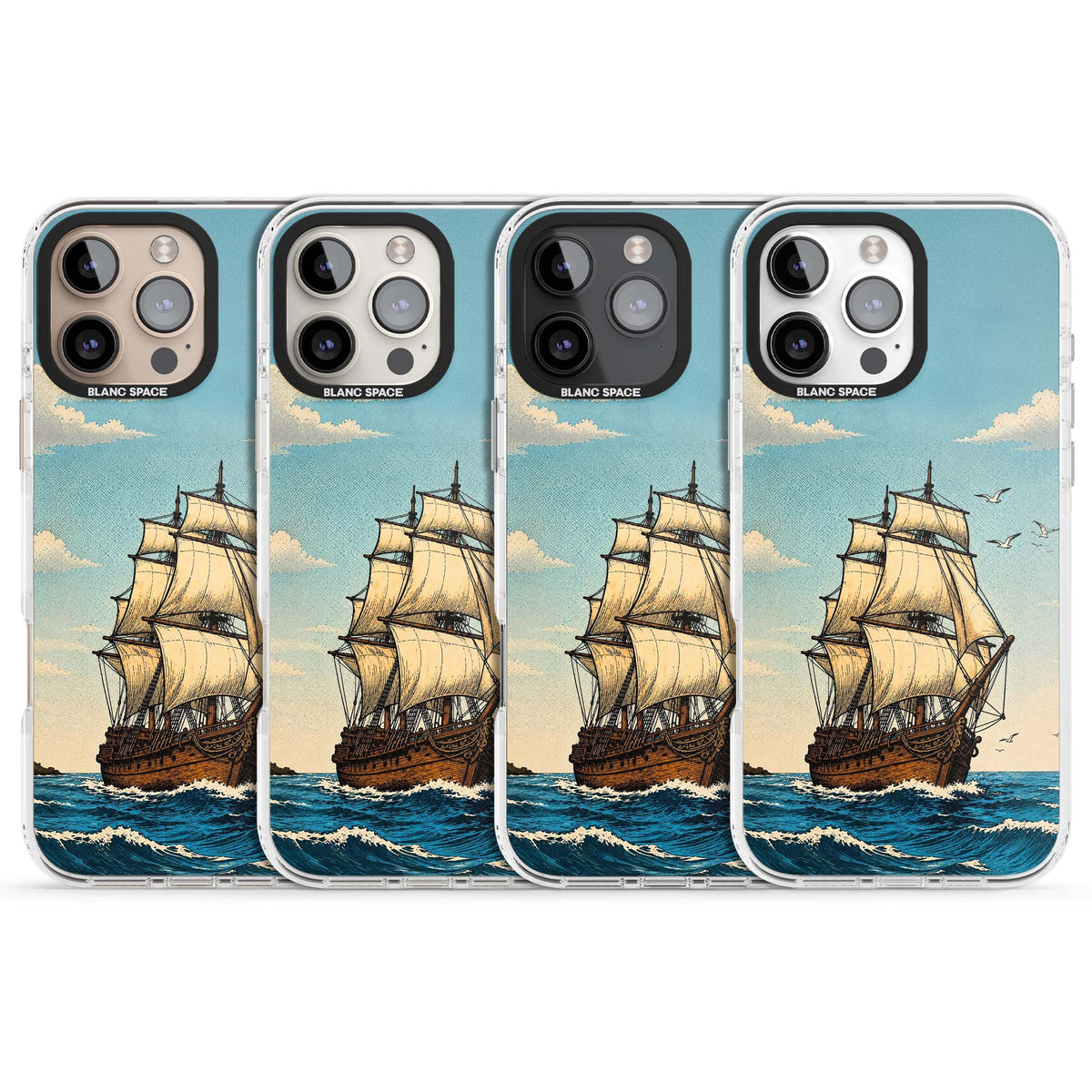 Ship at Sea nautical iPhone case featuring a vintage tall ship, ocean waves and seagulls | Impact Magsafe case for iPhone 16 Pro, iPhone 16 Pro Max