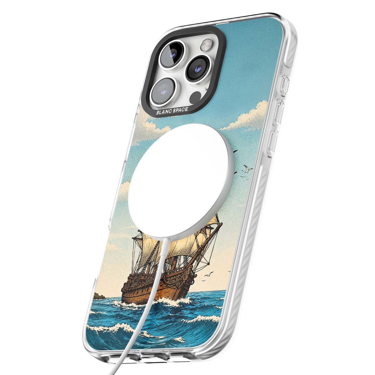 Ship at Sea nautical iPhone case featuring a vintage tall ship, ocean waves and seagulls | Impact Magsafe case for iPhone 16 Pro, iPhone 16 Pro Max