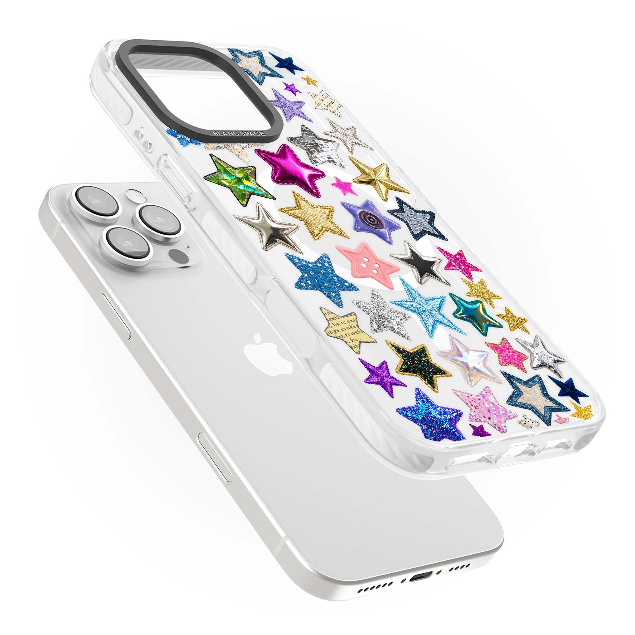 Crafty Star Mix Y2K iPhone case featuring embroidered, sequinned and glitter star patches in rainbow colours | Impact Magsafe case for iPhone 16 Pro, iPhone 16 Pro Max