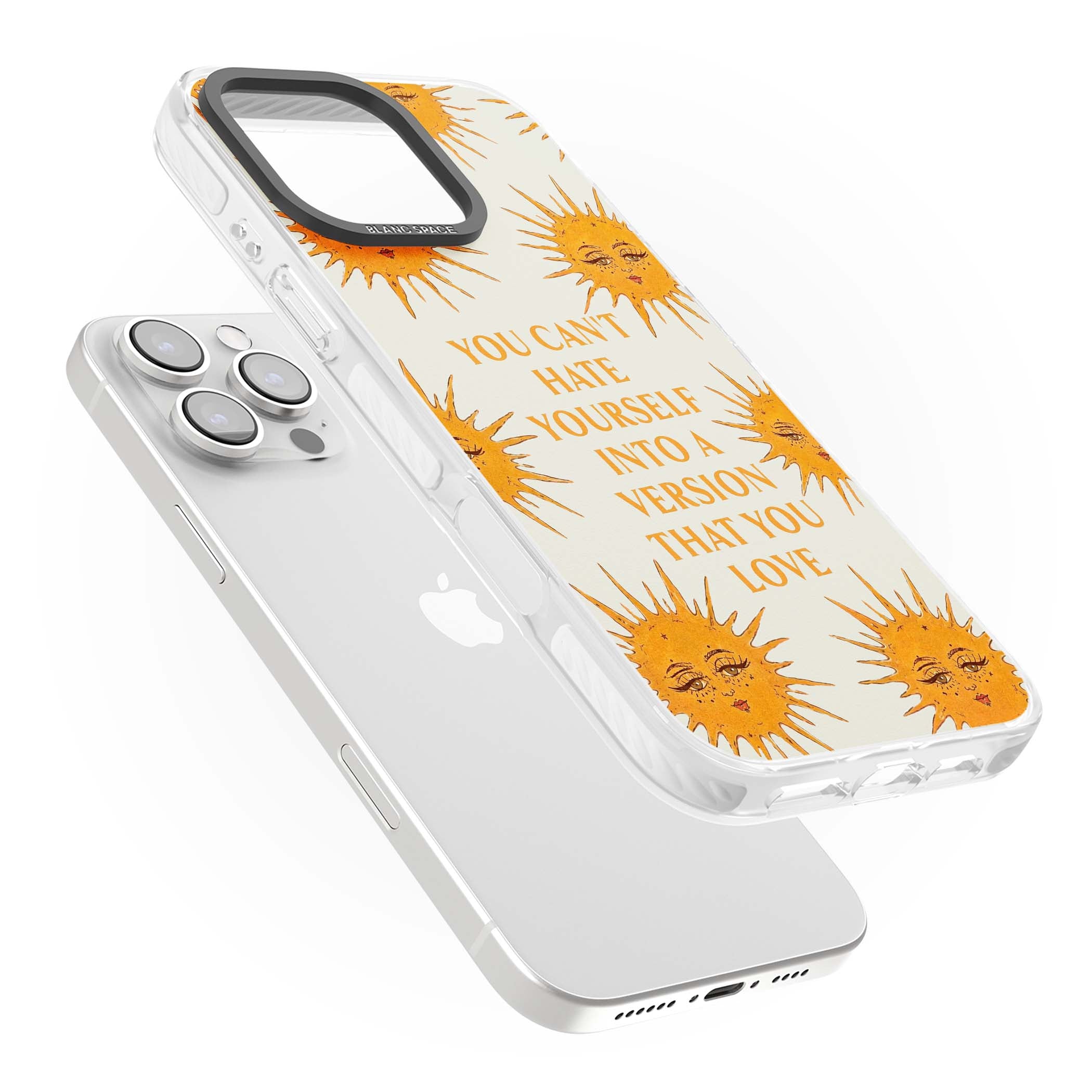 Don't Hate Yourself celestial iPhone case featuring vintage sun faces, ochre rays and a self-love quote | Impact Magsafe case for iPhone 16 Pro, iPhone 16 Pro Max
