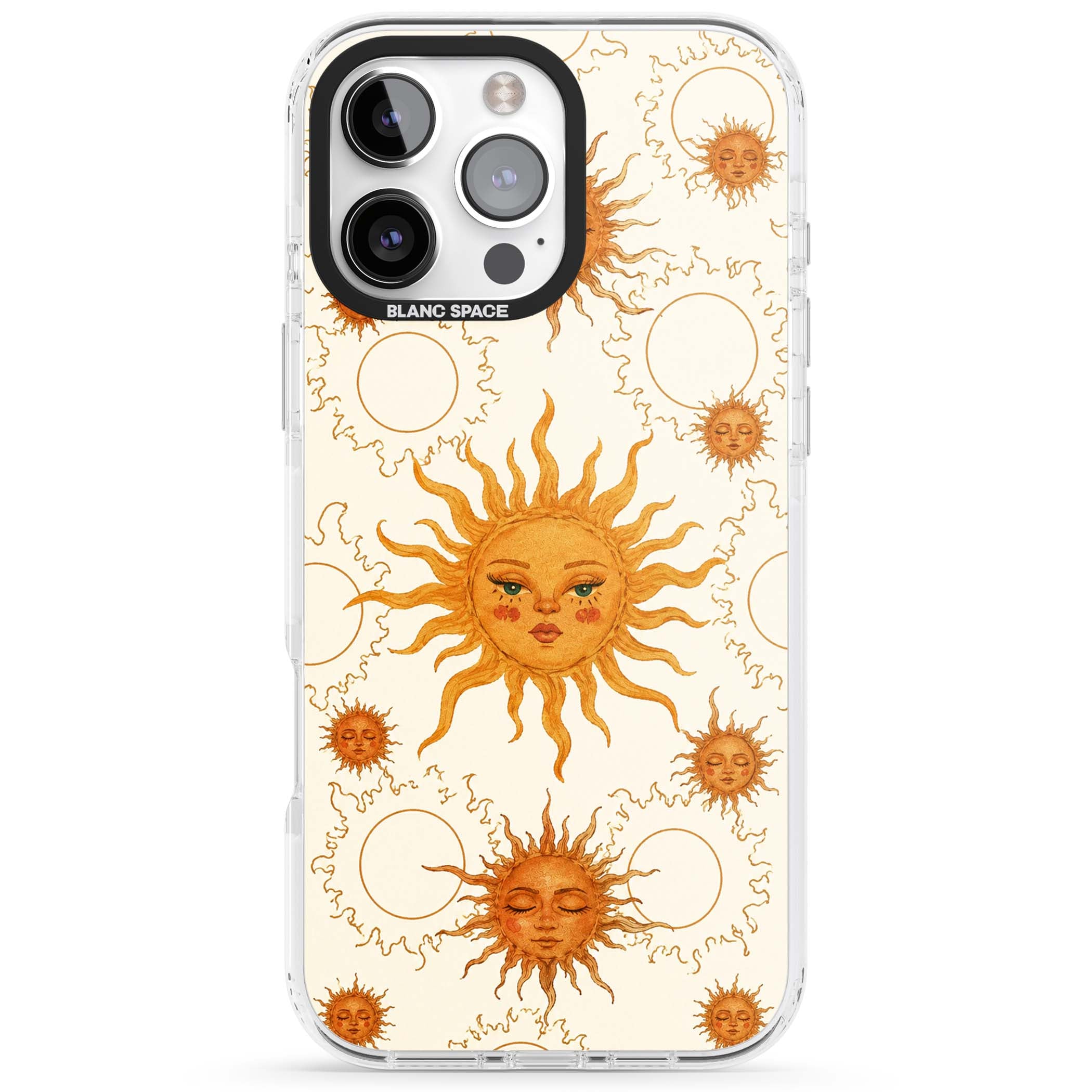 Solstice Muse celestial iPhone case featuring hand-painted golden sun faces, closed-eye sun goddesses and outlined moons... | Impact Magsafe case for iPhone 16 Pro, iPhone 16 Pro Max