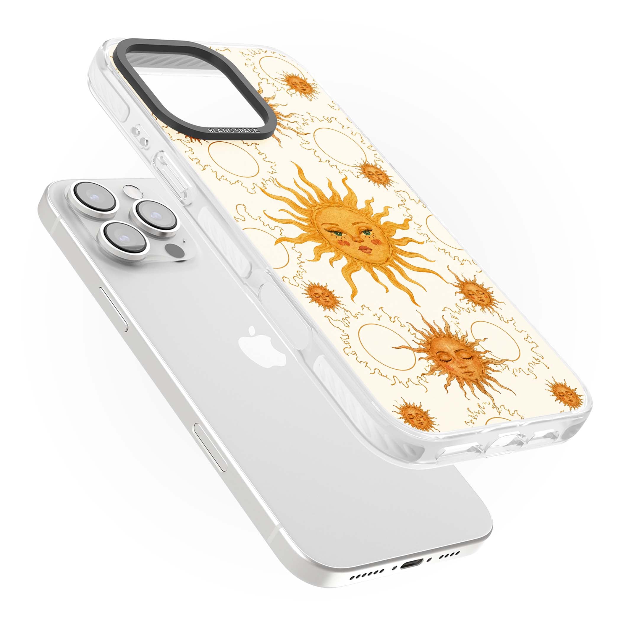 Solstice Muse celestial iPhone case featuring hand-painted golden sun faces, closed-eye sun goddesses and outlined moons... | Impact Magsafe case for iPhone 16 Pro, iPhone 16 Pro Max