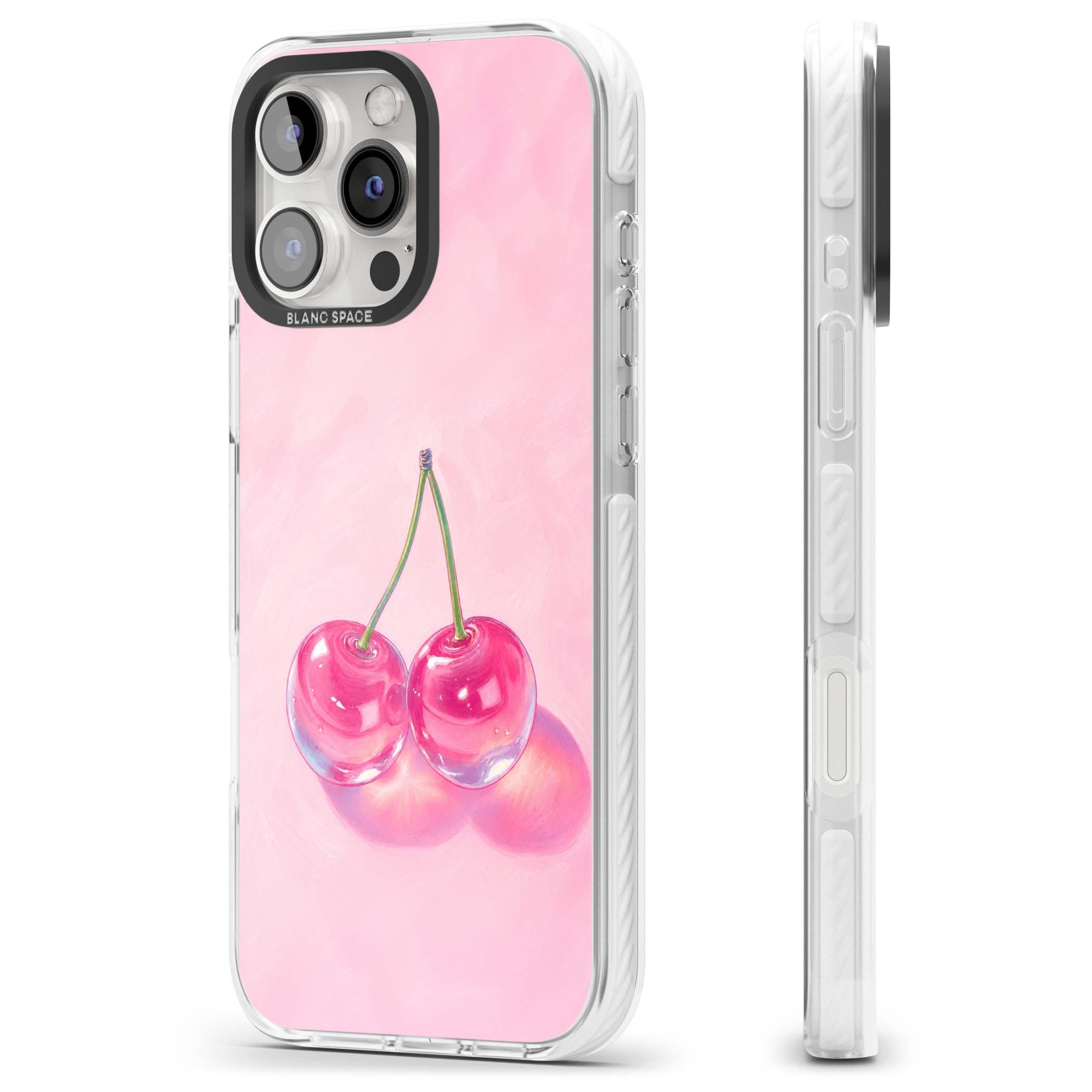 Pink Glass Cherry coquette iPhone case featuring two glossy painted cherries on a soft pink background | Impact Magsafe case for iPhone 16 Pro, iPhone 16 Pro Max