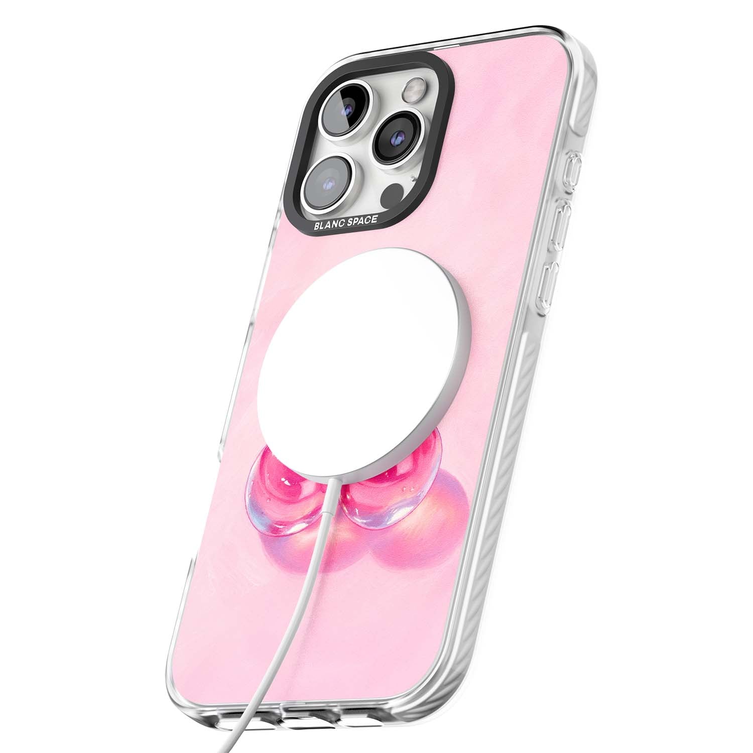 Pink Glass Cherry coquette iPhone case featuring two glossy painted cherries on a soft pink background | Impact Magsafe case for iPhone 16 Pro, iPhone 16 Pro Max
