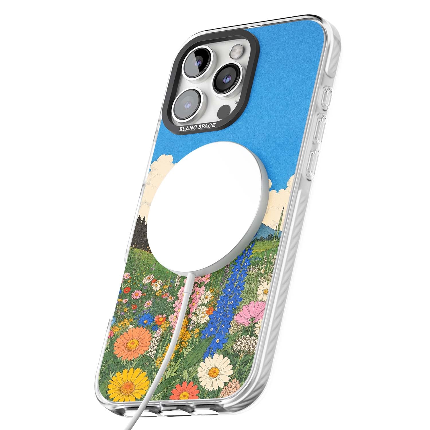 Wildbloom wildflower iPhone case featuring a vintage Japanese-style meadow landscape with daisies, delphiniums and moun | Impact Magsafe case for iPhone 16 Pro, iPhone 16 Pro Max