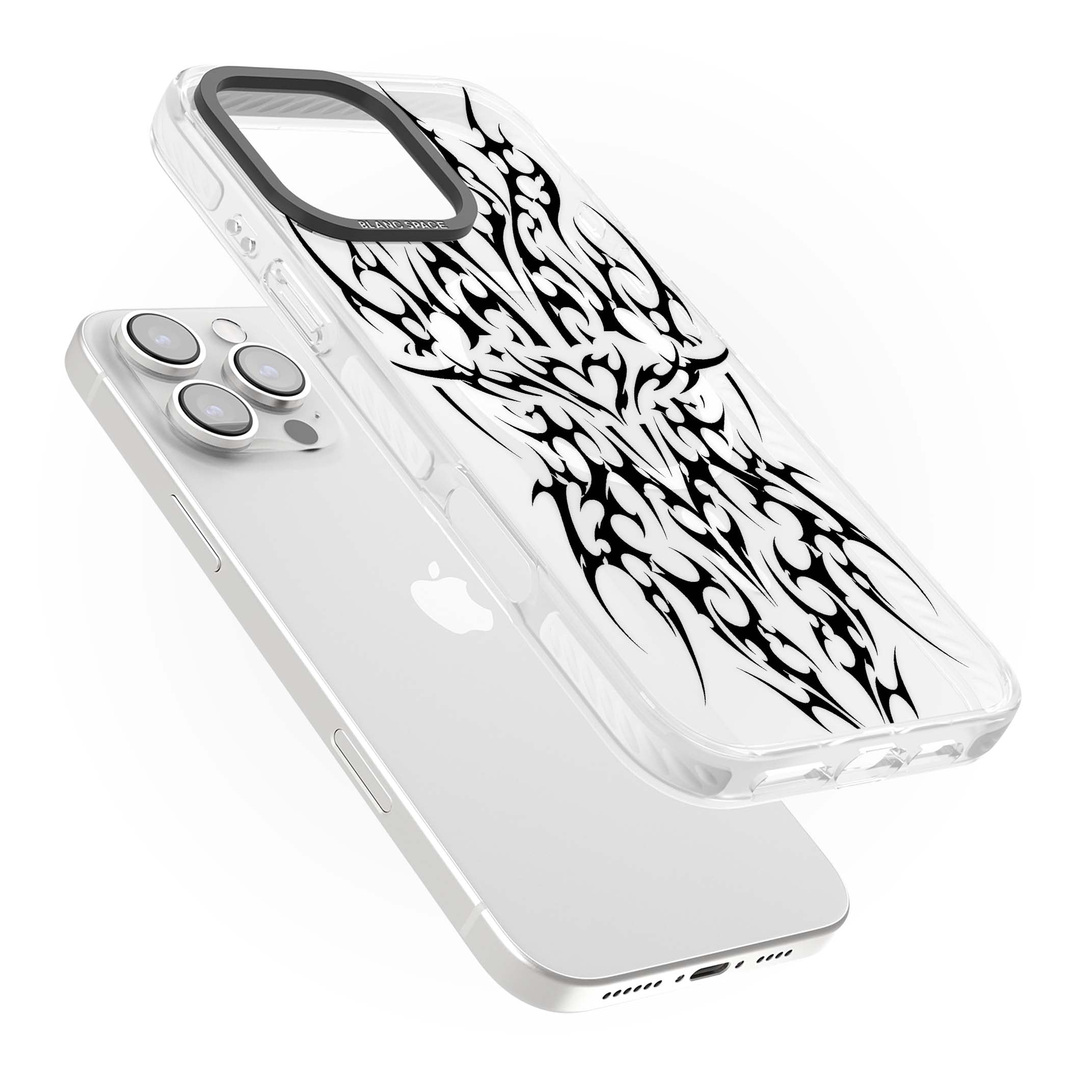 Neo Tribal Heart gothic iPhone case featuring symmetrical black tribal tattoo art with sharp thorn-like linework | Impact Magsafe case for iPhone 16 Pro, iPhone 16 Pro Max