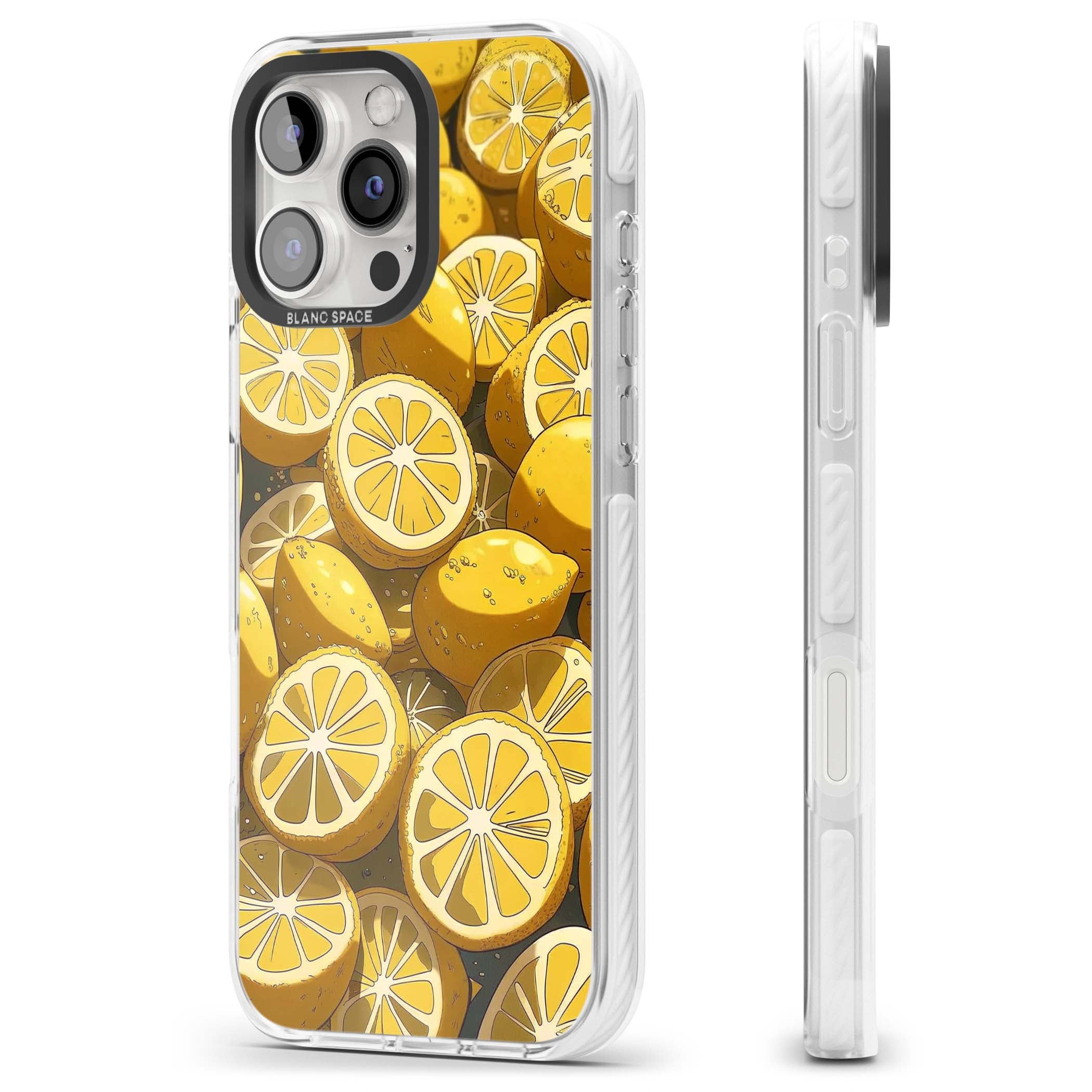 Zesty coastal iPhone case featuring illustrated Mediterranean lemons and citrus slices in golden yellow | Impact Magsafe case for iPhone 16 Pro, iPhone 16 Pro Max