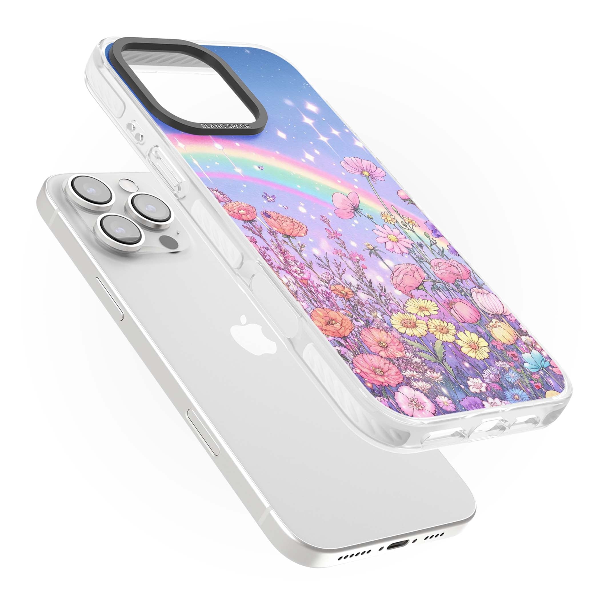 Magical Meadow fairycore iPhone case featuring a pastel rainbow, sparkling stars and a wildflower meadow | Clear Impact case for iPhone 16 Pro, iPhone 16 Pro Max