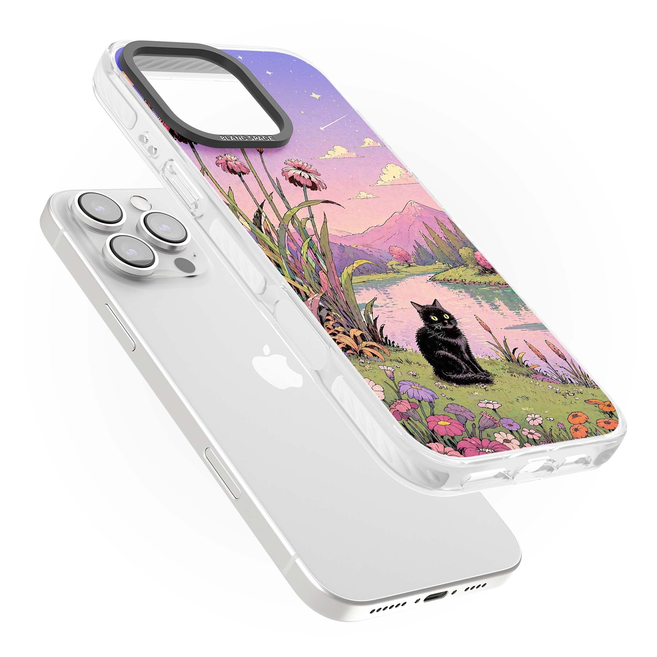 Mystic Whiskers ghibli iPhone case featuring a black cat by a pastel lake, wildflowers and a starry sunset sky | Clear Impact case for iPhone 16 Pro, iPhone 16 Pro Max