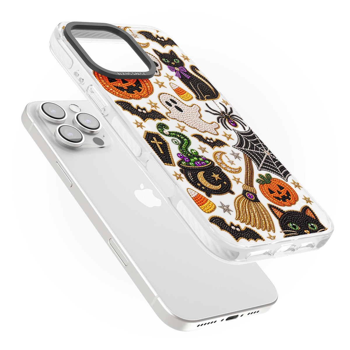 Beaded Halloween Halloween iPhone case featuring beaded pumpkins, ghosts, black cats and bats | Clear Impact case for iPhone 16 Pro, iPhone 16 Pro Max