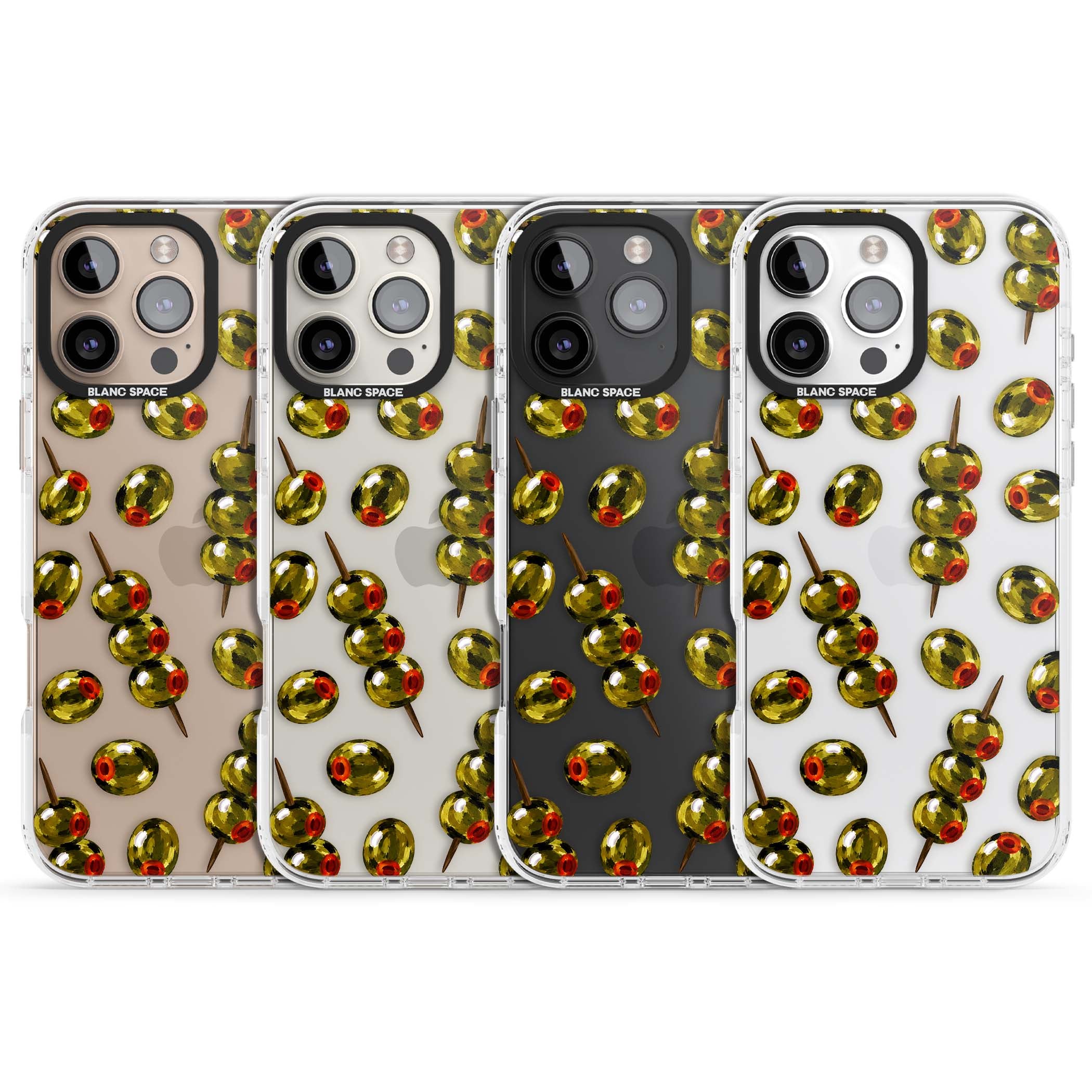 Painted Olives cocktail iPhone case featuring green olives, pimento centres and toothpick skewers on a clear background | Clear Impact case for iPhone 16 Pro, iPhone 16 Pro Max