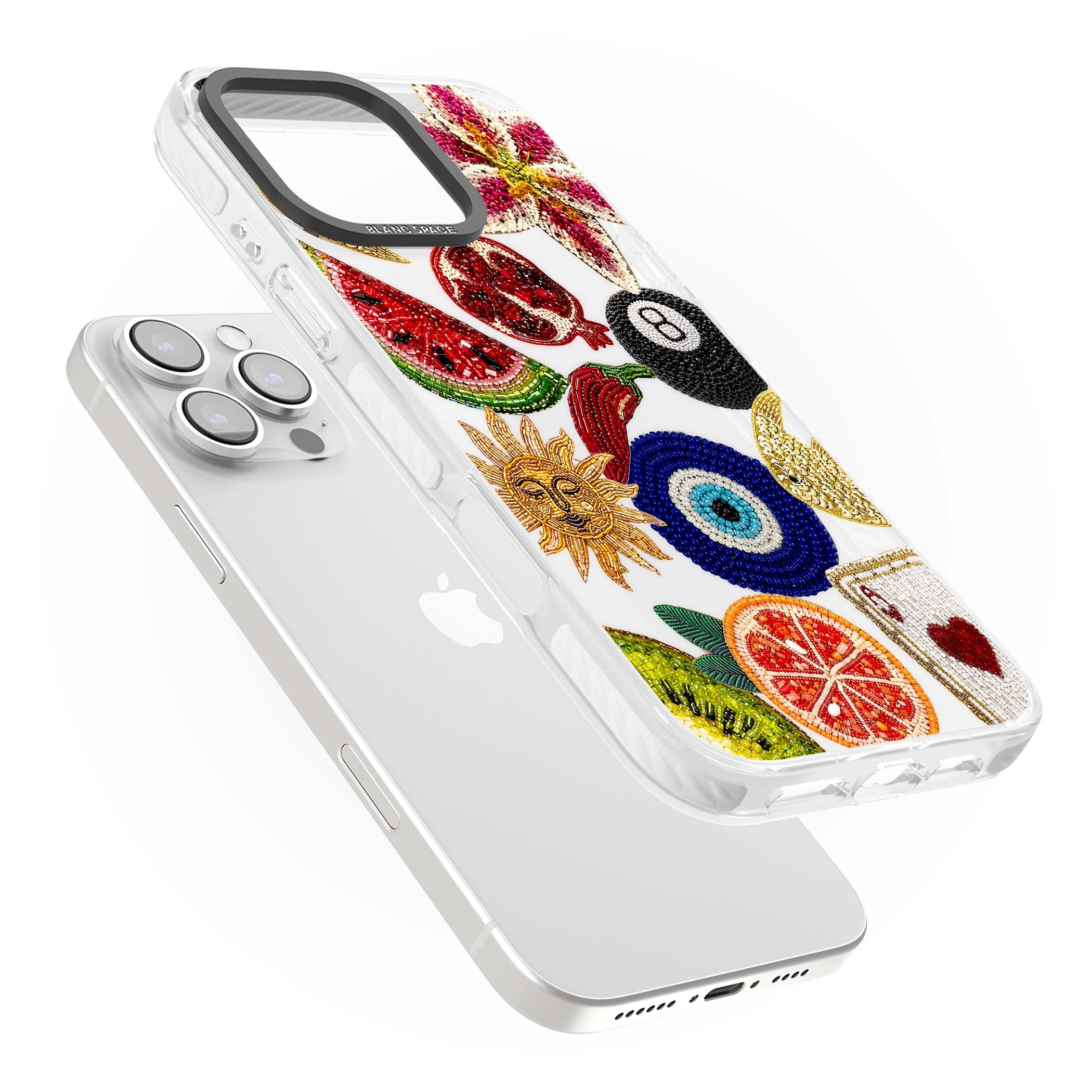 Beaded Charms embroidery iPhone case featuring beaded evil eye, fruit patches and a golden sun motif | Clear Impact case for iPhone 16 Pro, iPhone 16 Pro Max