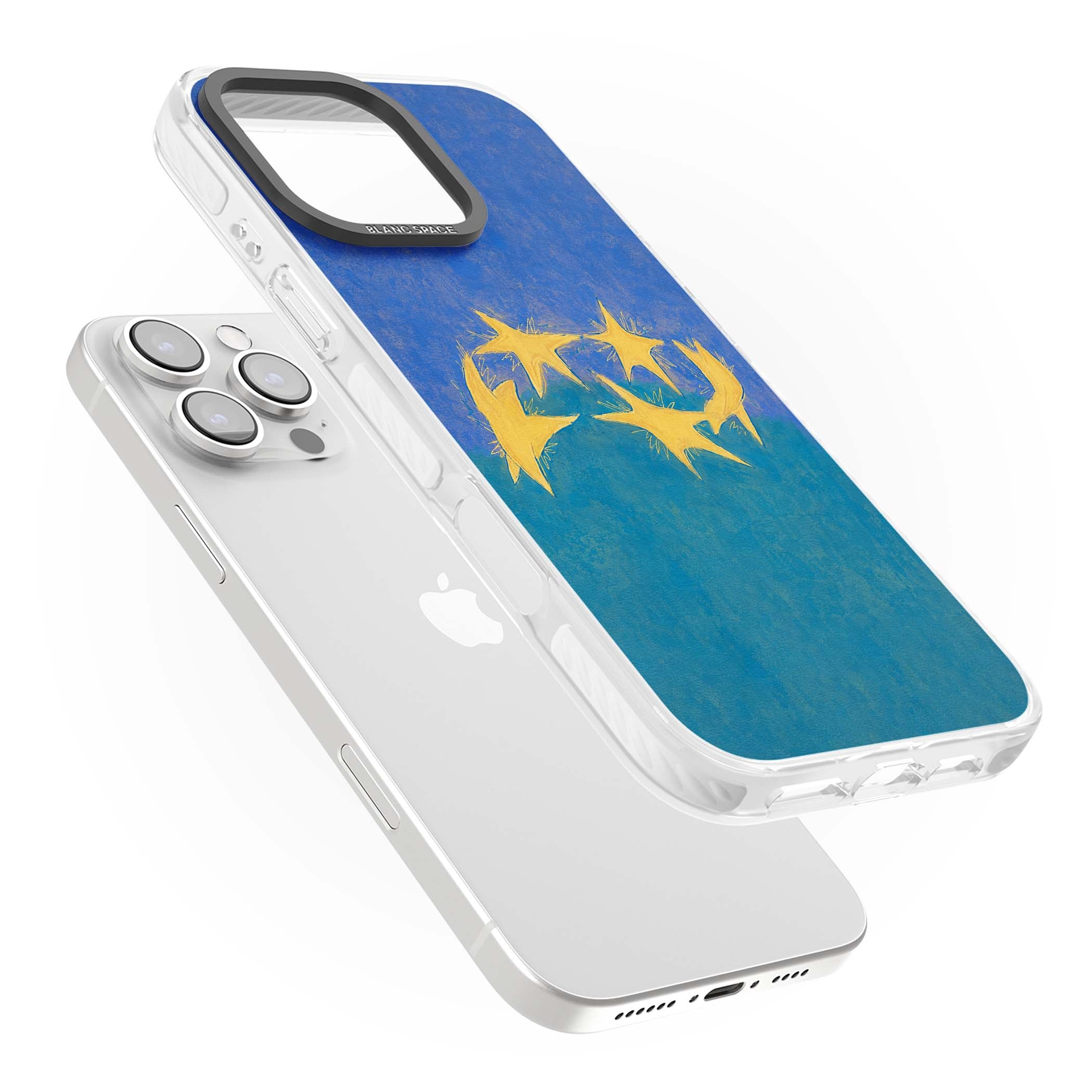 Star Boogie stars aesthetic iPhone case featuring five yellow hand-painted stars on cobalt blue and teal | Clear Impact case for iPhone 16 Pro, iPhone 16 Pro Max