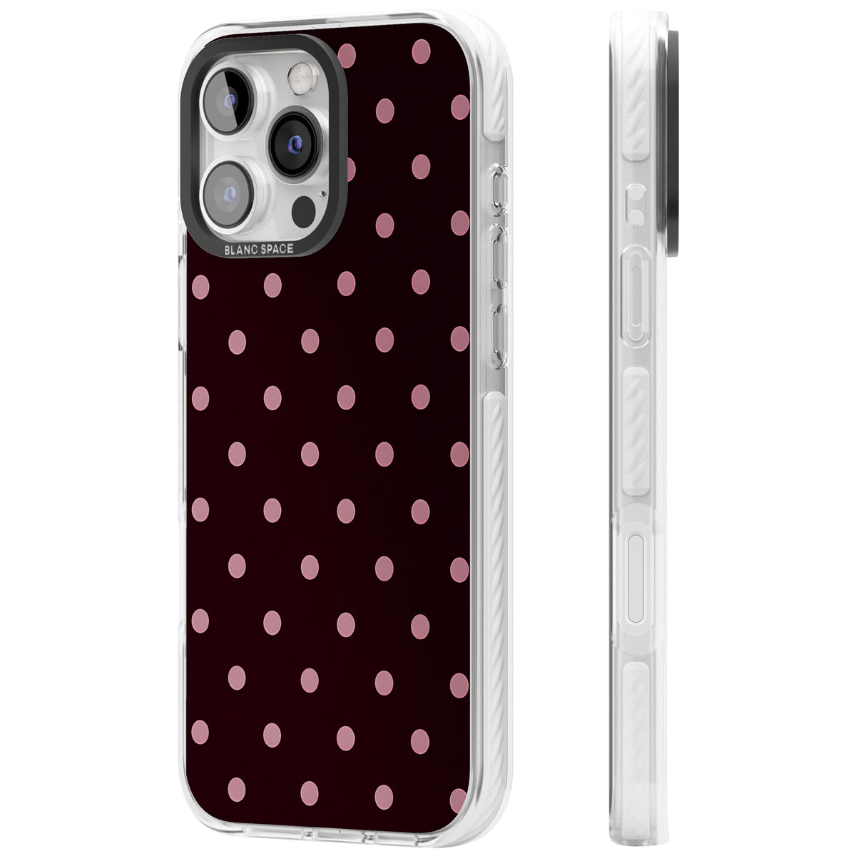 Merlot Dots polka dot iPhone case featuring dusty pink spots on a deep burgundy background in a retro grid iPhone 16 Pro / iPhone 16 Pro Max Impact Clear Phone Case side