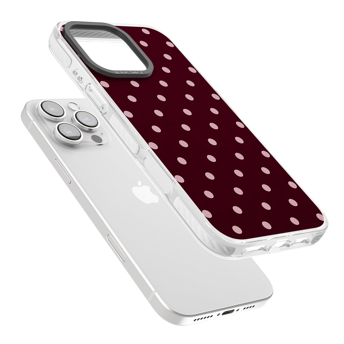 Merlot Dots polka dot iPhone case featuring dusty pink spots on a deep burgundy background in a retro grid iPhone 16 Pro / iPhone 16 Pro Max Impact Clear Phone Case angled