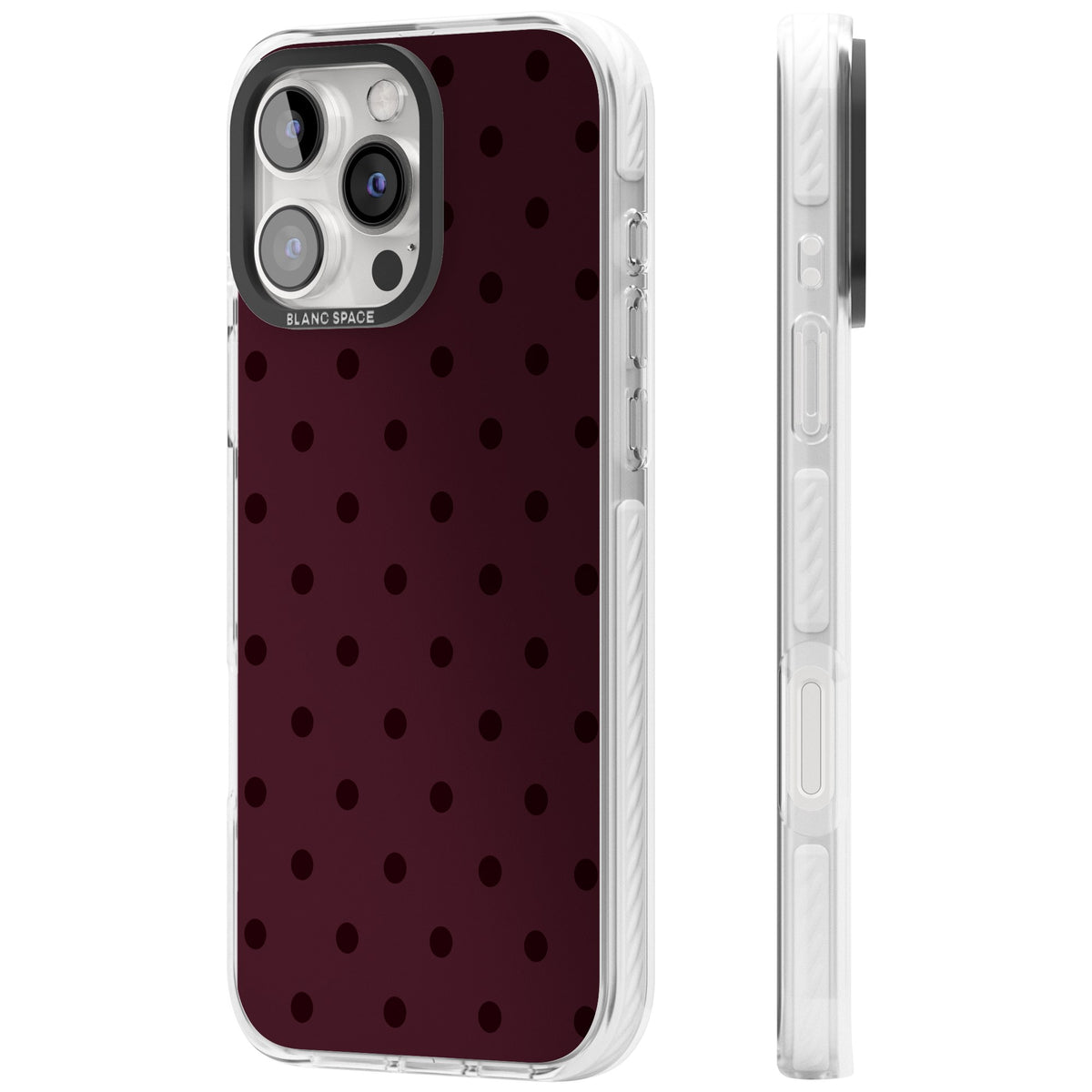 Burgundy Polka Dot minimalist iPhone case featuring black polka dots on a deep burgundy wine red background iPhone 16 Pro / iPhone 16 Pro Max Impact Clear Phone Case side