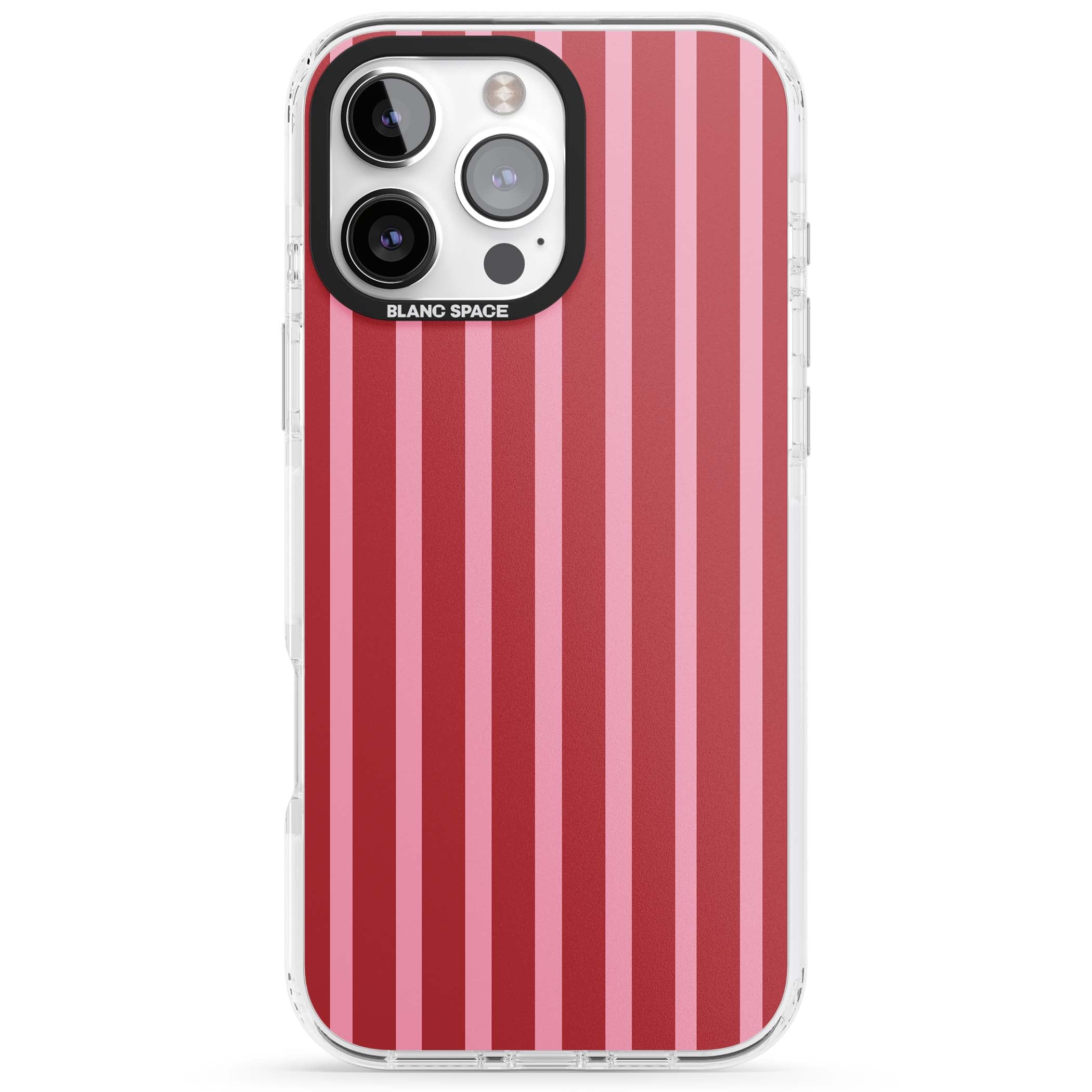 Raspberry Stripe coquette iPhone case featuring red and pink vertical stripes in a candy-inspired pattern | Clear Impact case for iPhone 16 Pro, iPhone 16 Pro Max