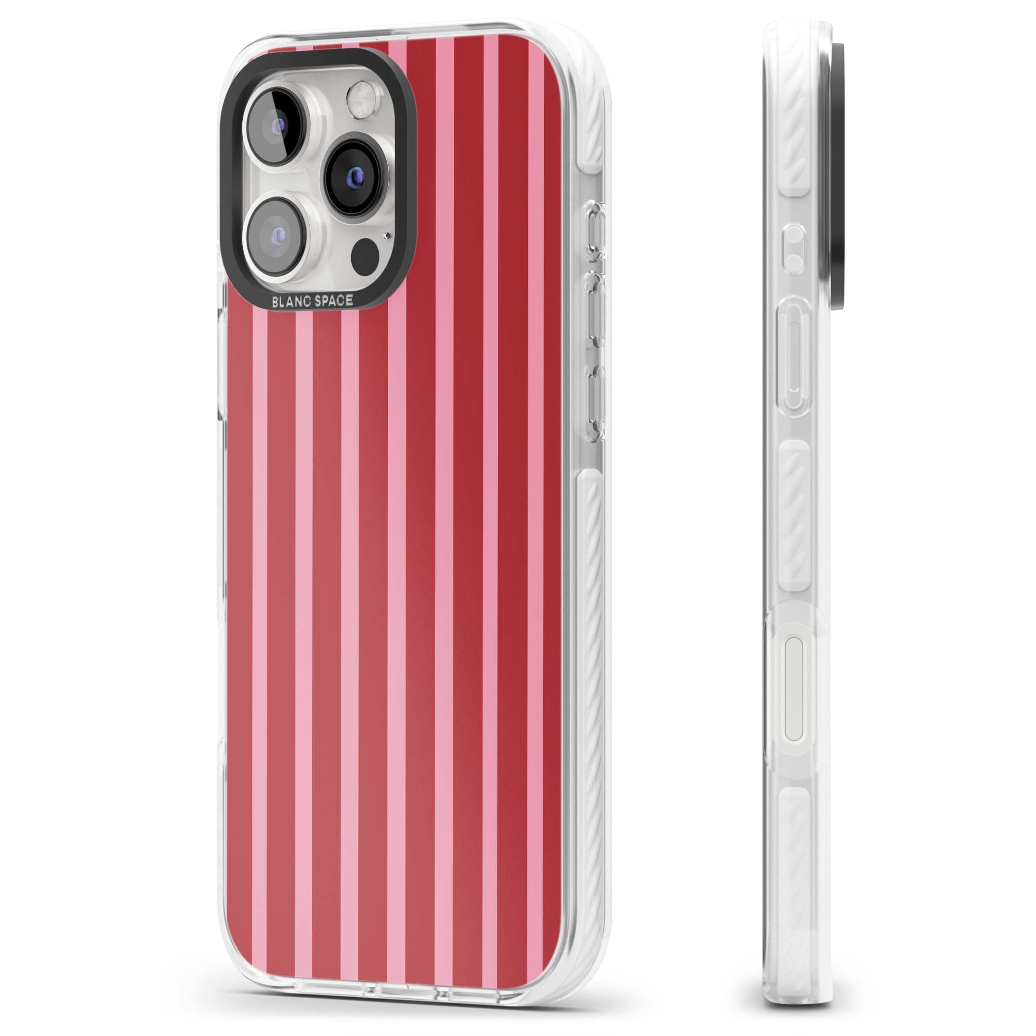 Raspberry Stripe coquette iPhone case featuring red and pink vertical stripes in a candy-inspired pattern | Clear Impact case for iPhone 16 Pro, iPhone 16 Pro Max