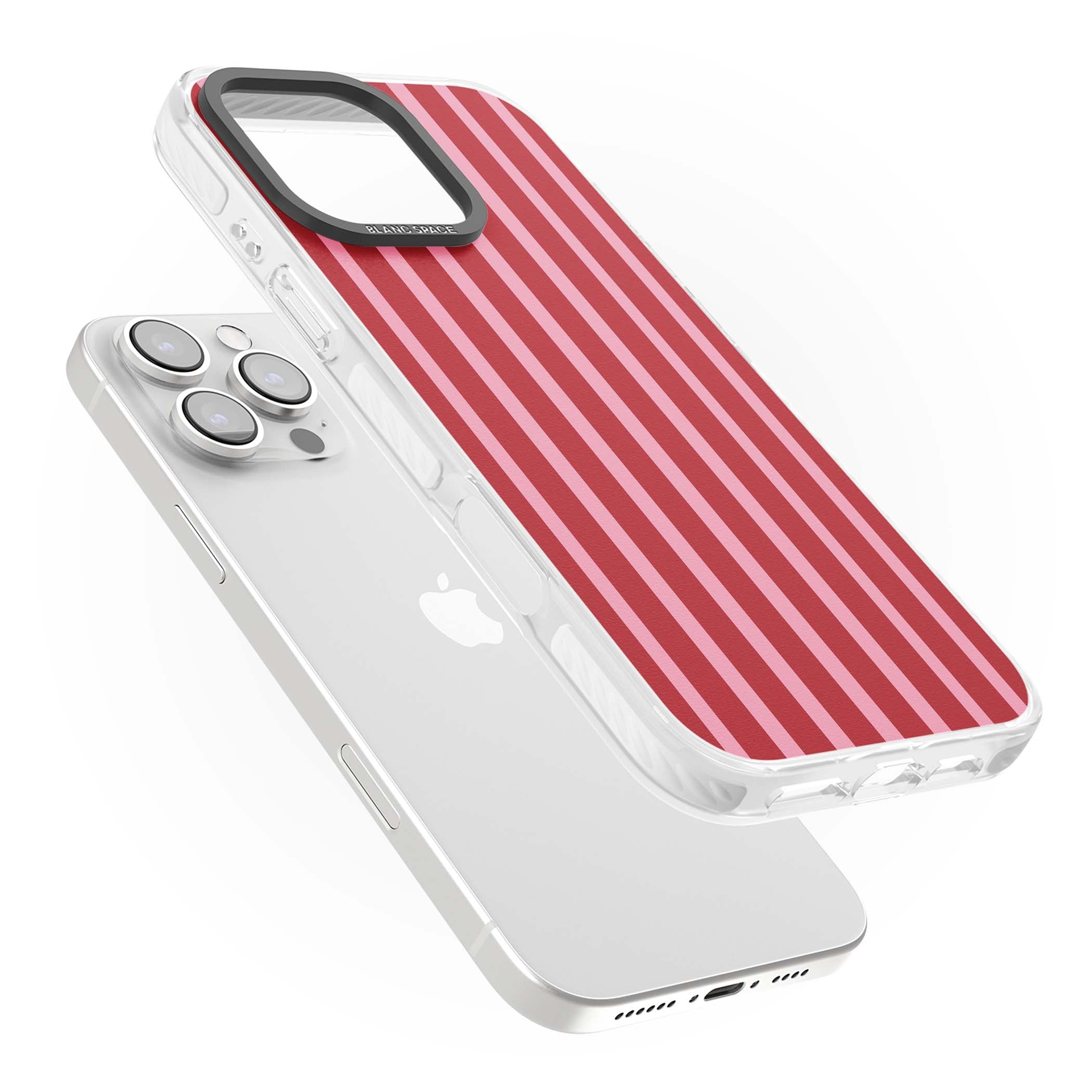 Raspberry Stripe coquette iPhone case featuring red and pink vertical stripes in a candy-inspired pattern | Clear Impact case for iPhone 16 Pro, iPhone 16 Pro Max