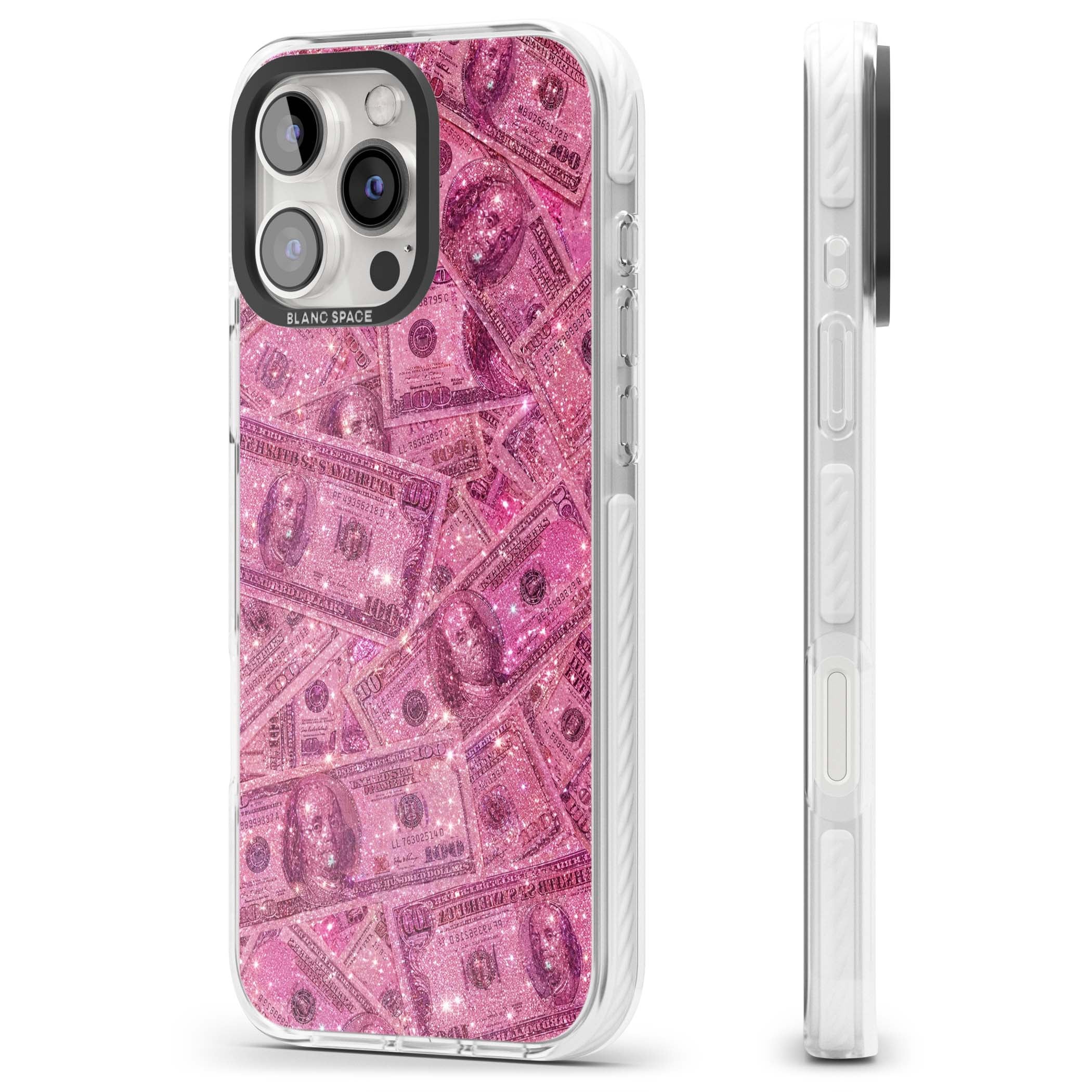 Glamorous baddie iPhone case featuring pink glitter hundred dollar bills and sparkling money wallpaper design | Clear Impact case for iPhone 16 Pro, iPhone 16 Pro Max
