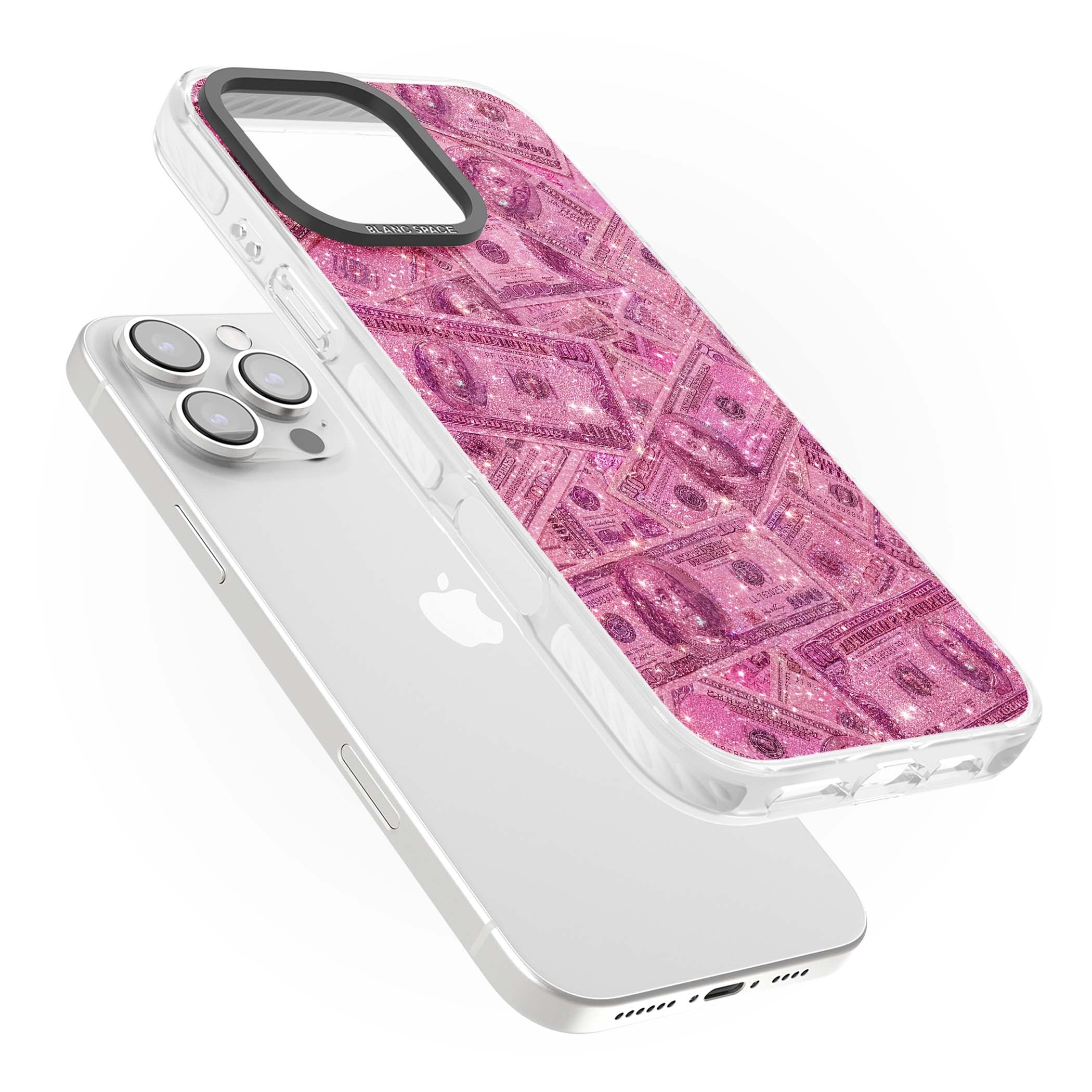Glamorous baddie iPhone case featuring pink glitter hundred dollar bills and sparkling money wallpaper design | Clear Impact case for iPhone 16 Pro, iPhone 16 Pro Max