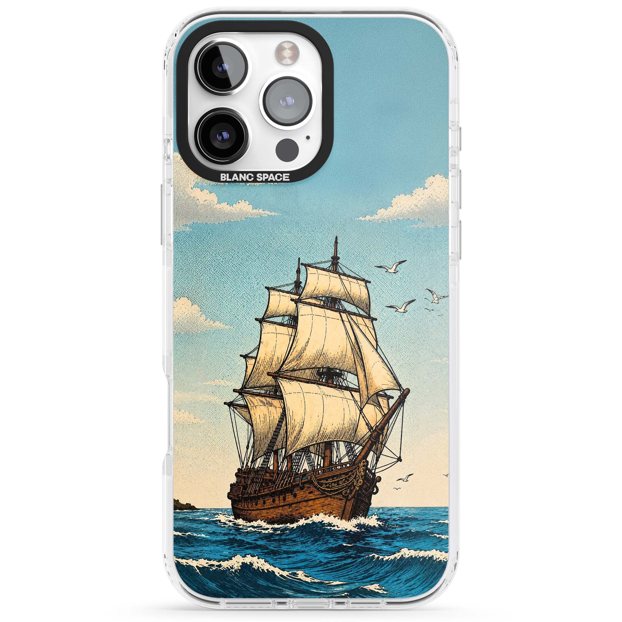 Ship at Sea nautical iPhone case featuring a vintage tall ship, ocean waves and seagulls | Clear Impact case for iPhone 16 Pro, iPhone 16 Pro Max
