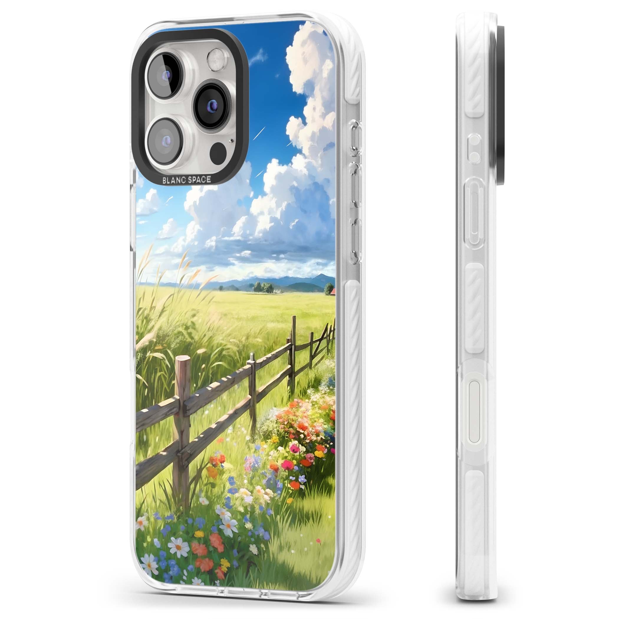 A Countryside Afternoon cottagecore iPhone case featuring a painted countryside meadow, wooden fence, and wildflowers beneath | Clear Impact case for iPhone 16 Pro, iPhone 16 Pro Max