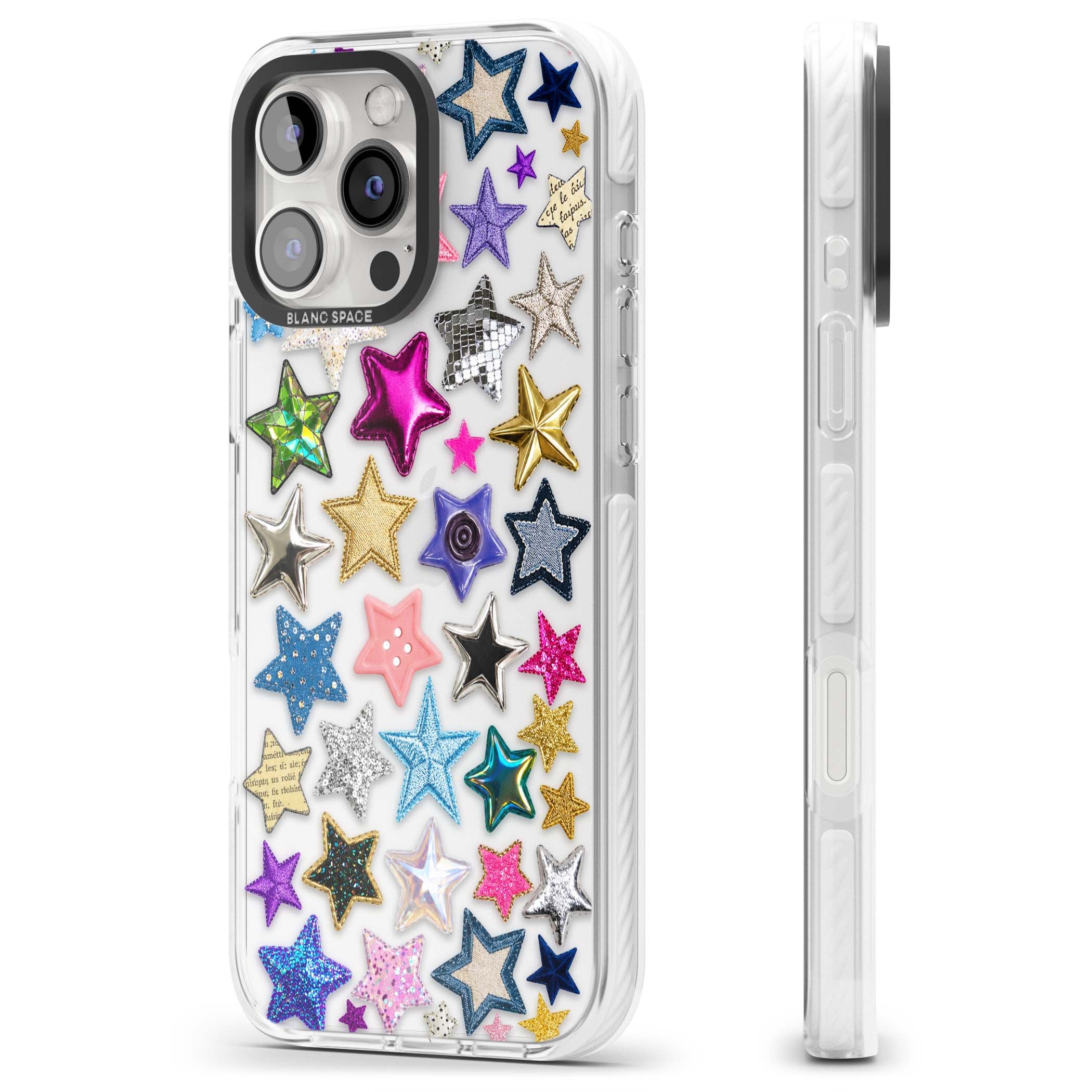 Crafty Star Mix Y2K iPhone case featuring embroidered, sequinned and glitter star patches in rainbow colours | Clear Impact case for iPhone 16 Pro, iPhone 16 Pro Max