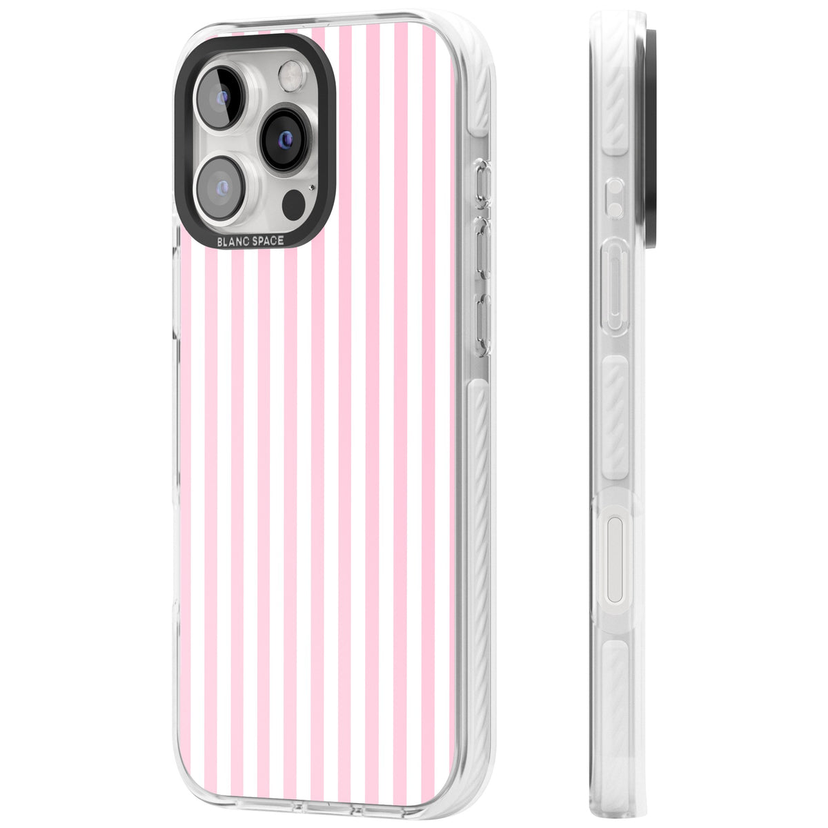 Pink Stripe preppy iPhone case featuring soft pastel pink and white vertical candy stripes iPhone 16 Pro / iPhone 16 Pro Max Impact Clear Phone Case side