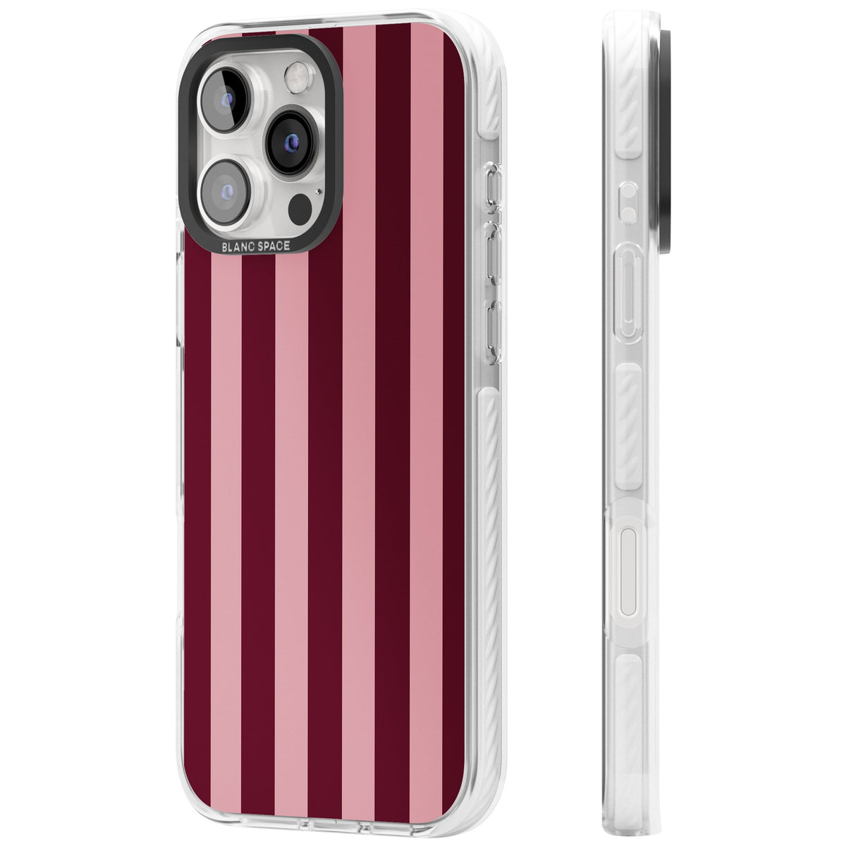 Bordeaux Belle preppy iPhone case featuring bold vertical stripes in burgundy and soft blush pink iPhone 16 Pro / iPhone 16 Pro Max Impact Clear Phone Case side