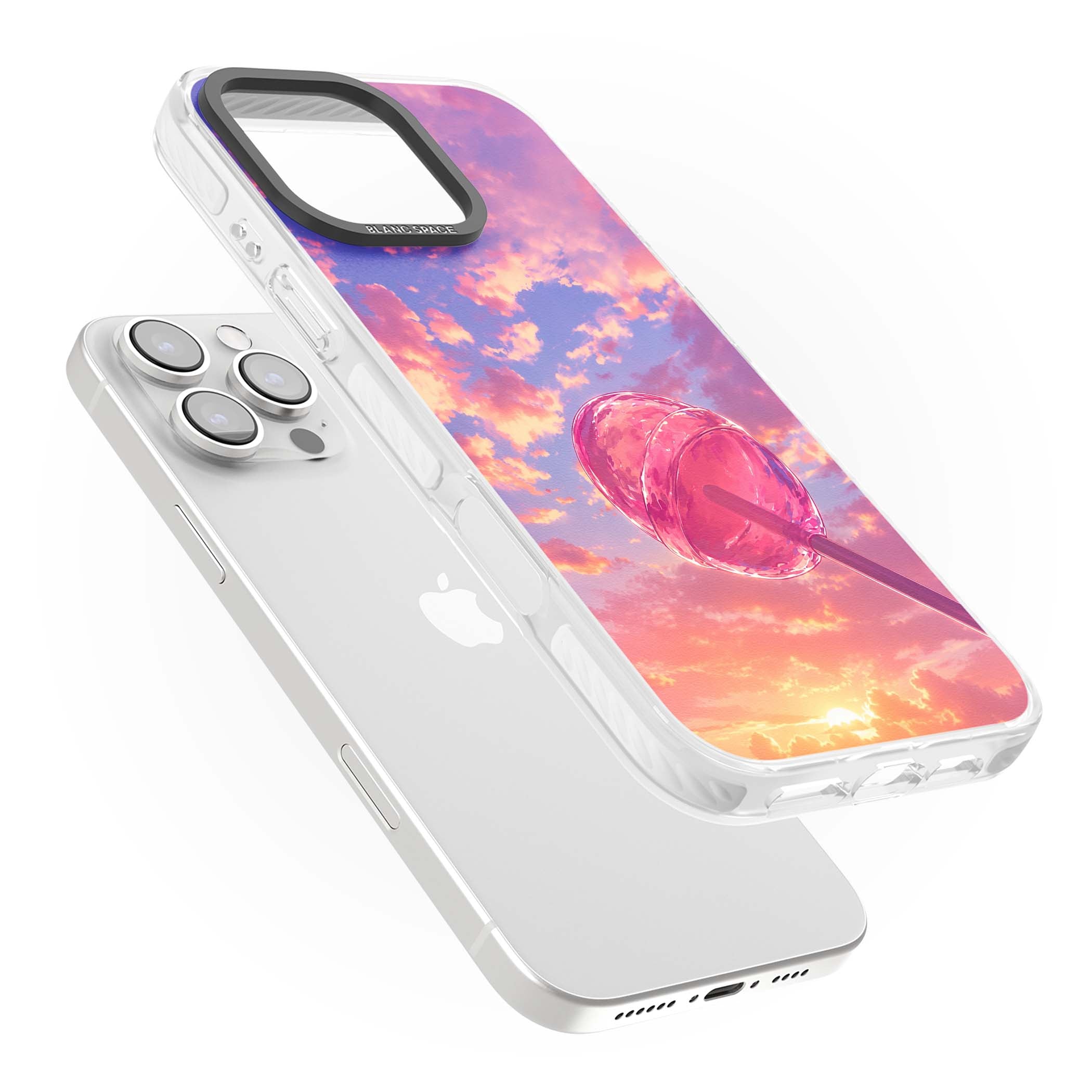 Sugar Sunset candy aesthetic iPhone case featuring a pink lollipop, pastel sunset sky and dreamy clouds | Clear Impact case for iPhone 16 Pro, iPhone 16 Pro Max