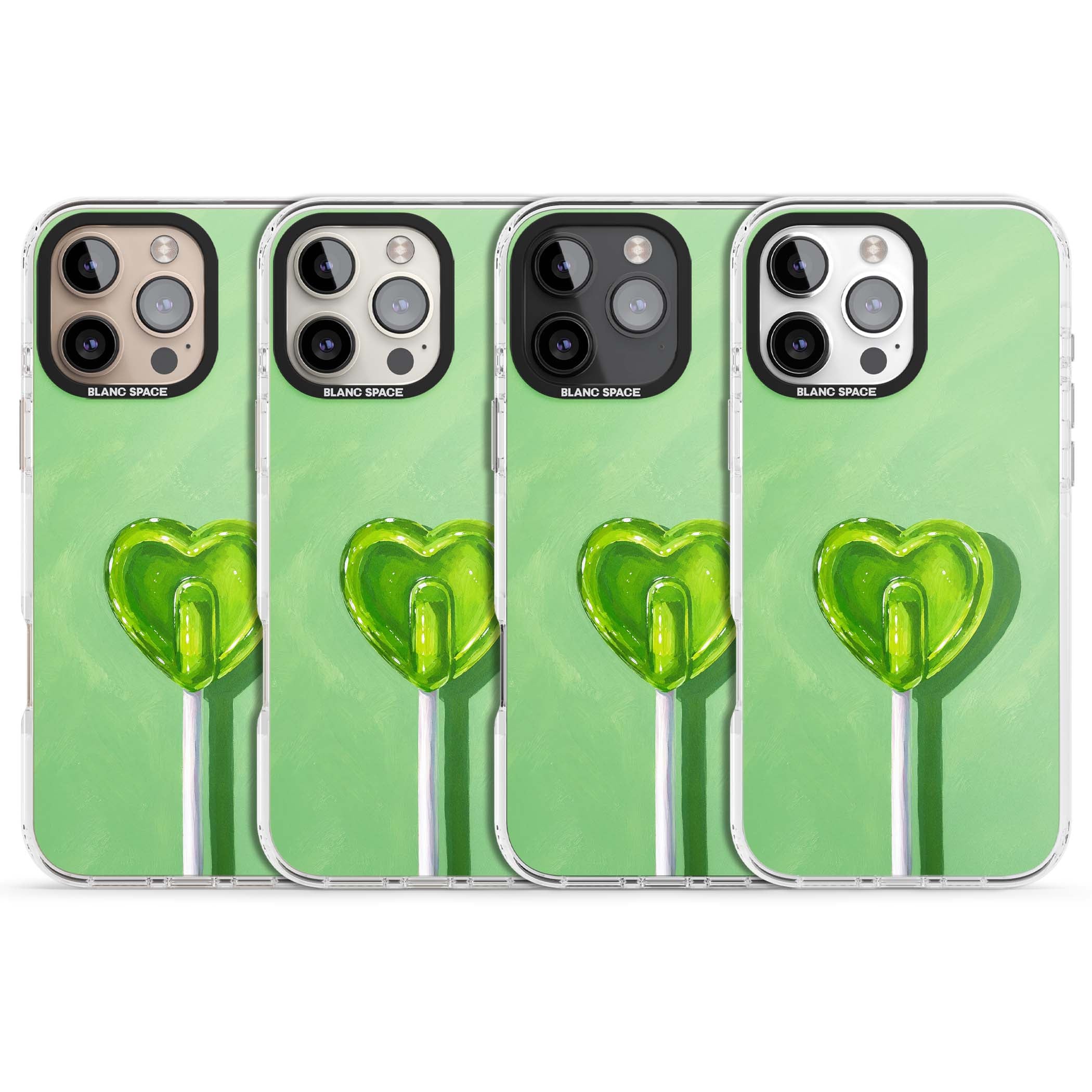 Green Lollipop candy art iPhone case featuring a glossy green heart-shaped lollipop on a painted pastel green background | Clear Impact case for iPhone 16 Pro, iPhone 16 Pro Max