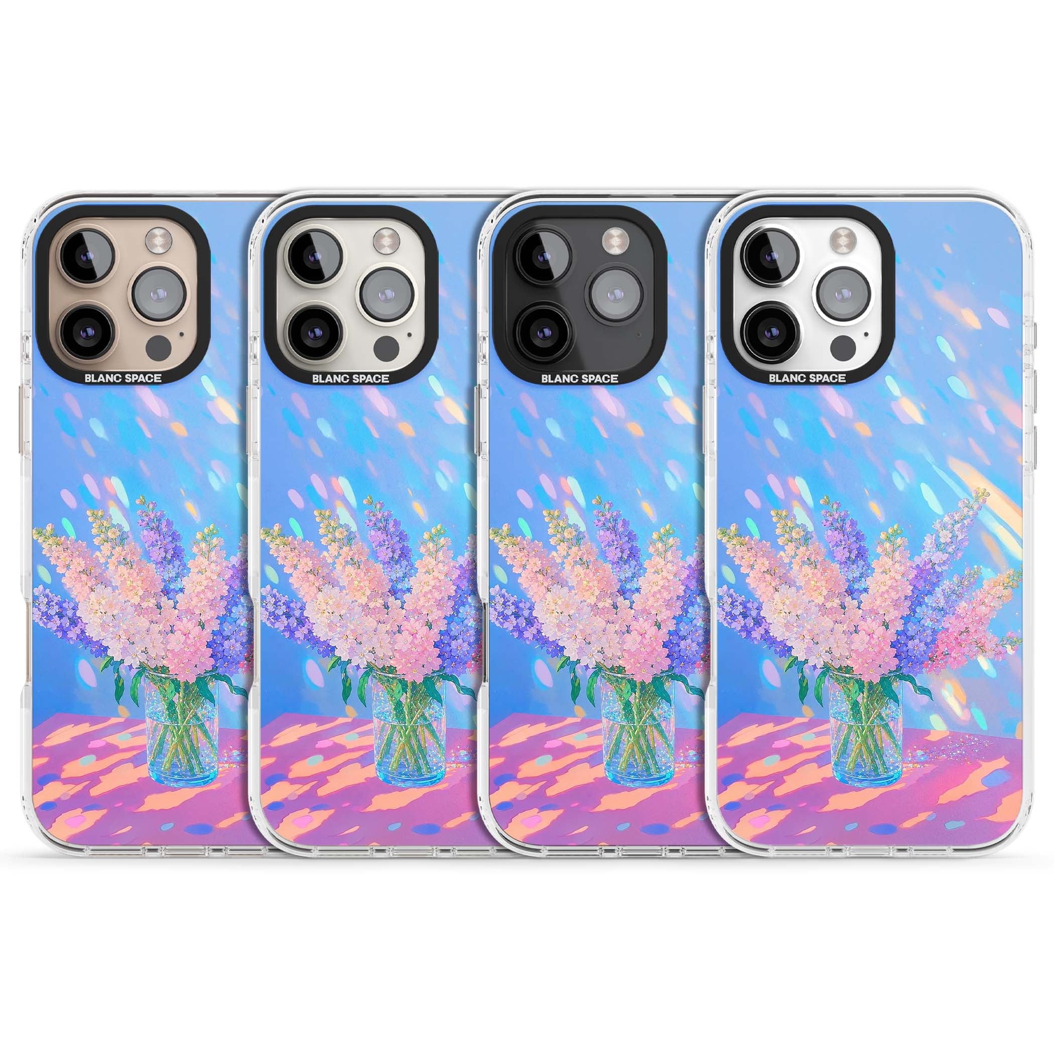 Bubblegum Flowers floral iPhone case featuring pastel lilac and pink bouquet in a glass vase with iridescent light | Clear Impact case for iPhone 16 Pro, iPhone 16 Pro Max