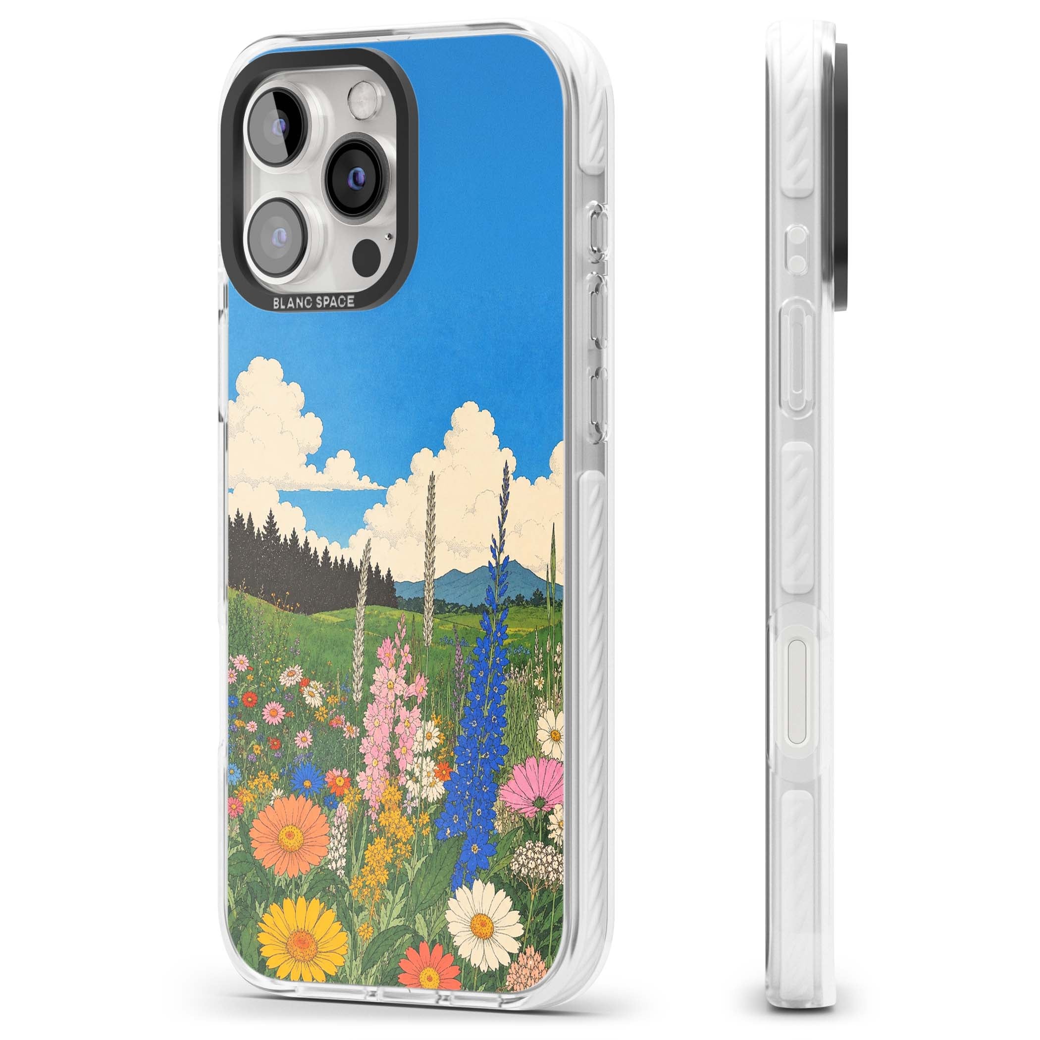 Wildbloom wildflower iPhone case featuring a vintage Japanese-style meadow landscape with daisies, delphiniums and moun | Clear Impact case for iPhone 16 Pro, iPhone 16 Pro Max