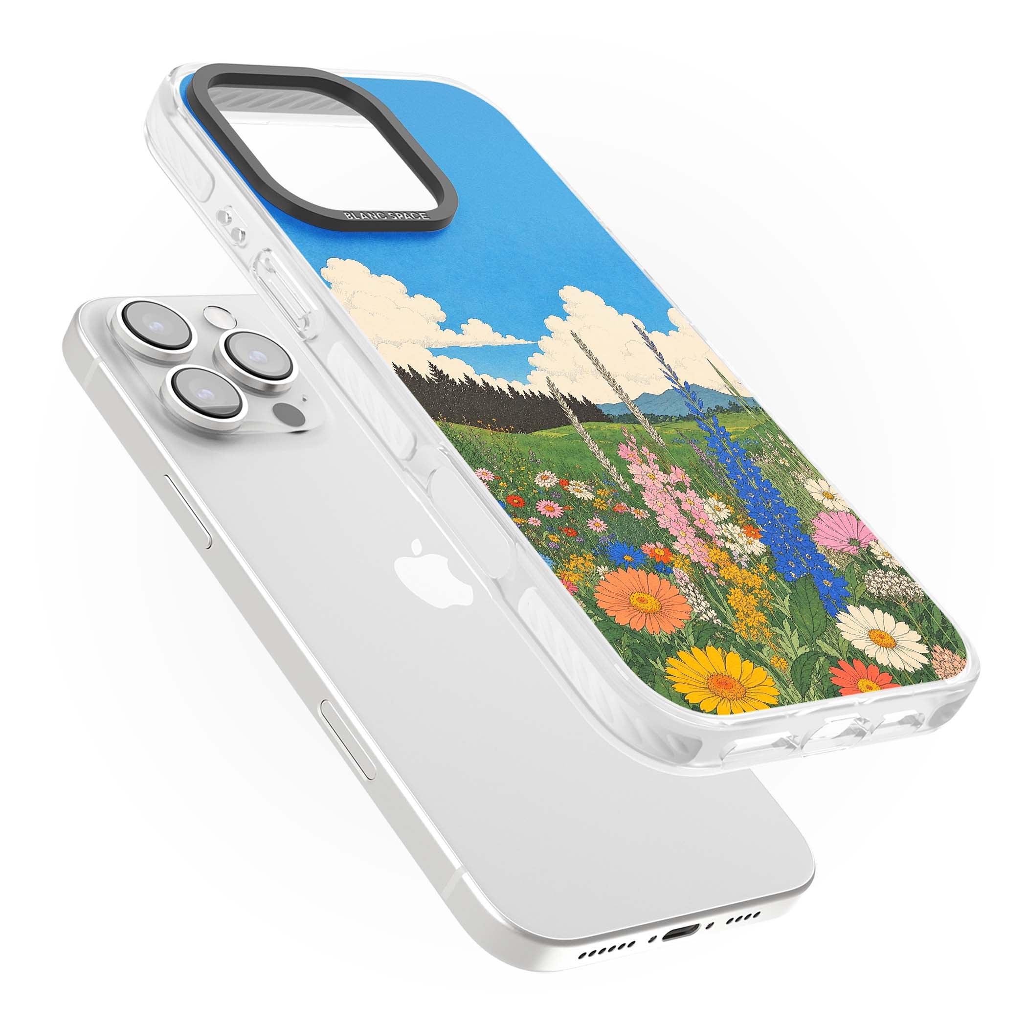 Wildbloom wildflower iPhone case featuring a vintage Japanese-style meadow landscape with daisies, delphiniums and moun | Clear Impact case for iPhone 16 Pro, iPhone 16 Pro Max